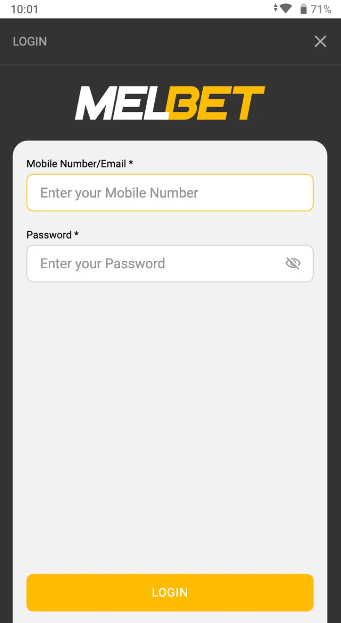 Enter your username and password to log in to Melbet.