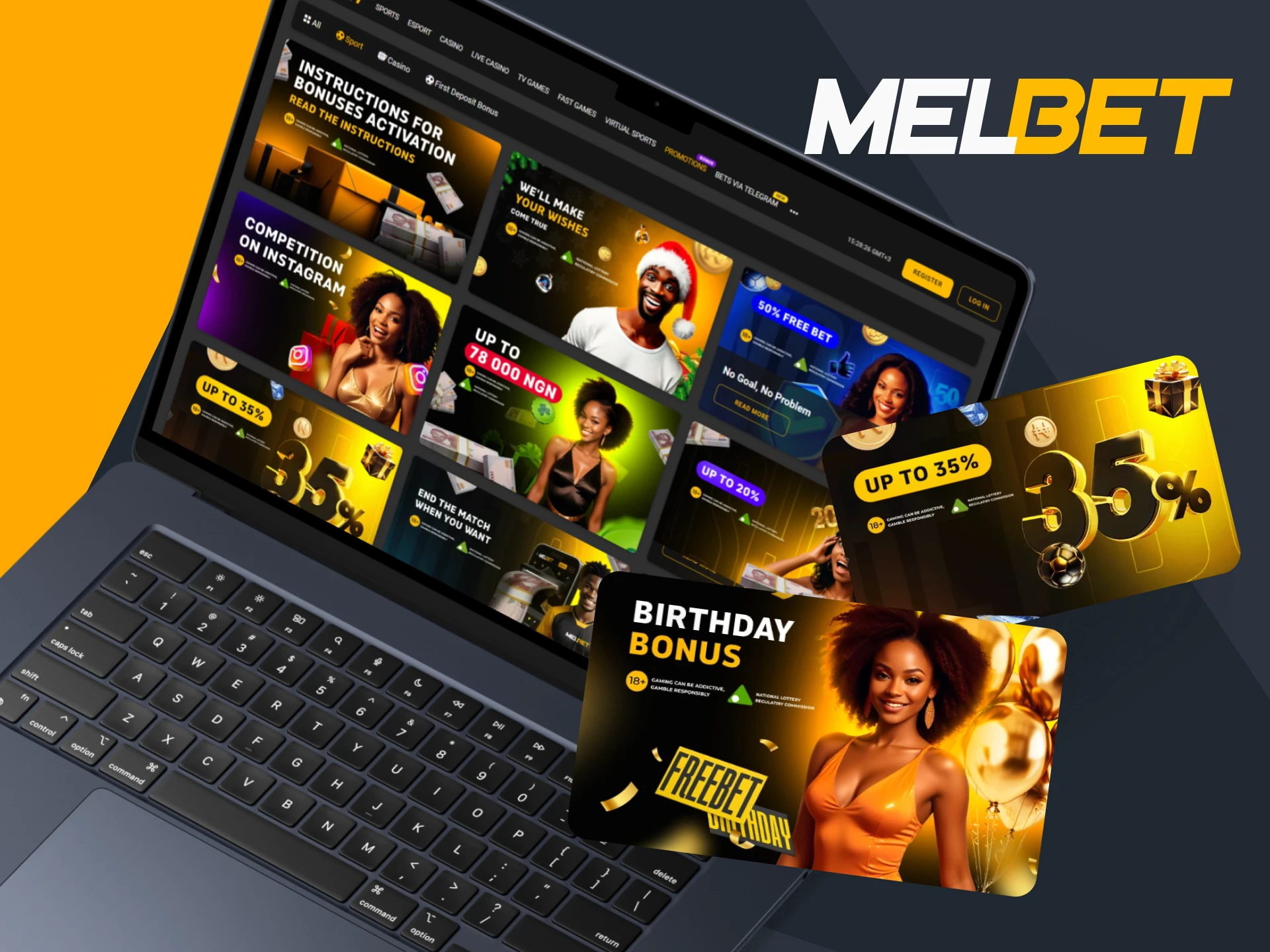 Register or log in to your account to get Melbet bonuses.