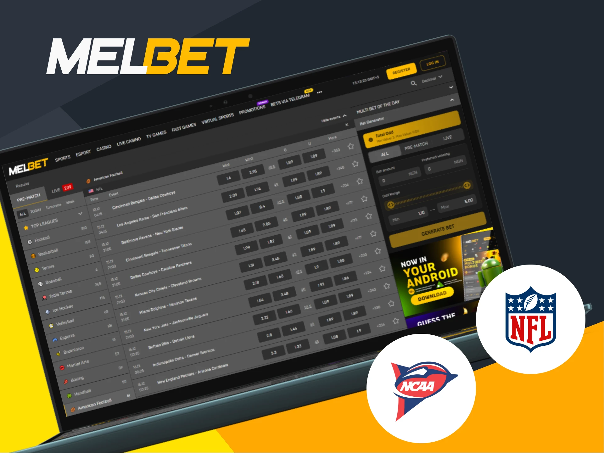 Melbet offers various options for betting on American football.