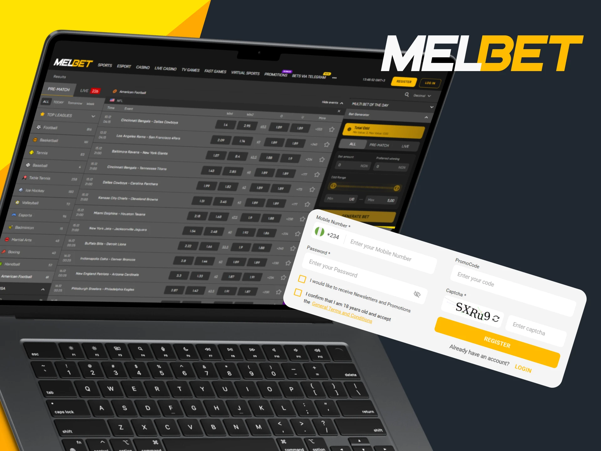 Create a Melbet account to start betting on American football.