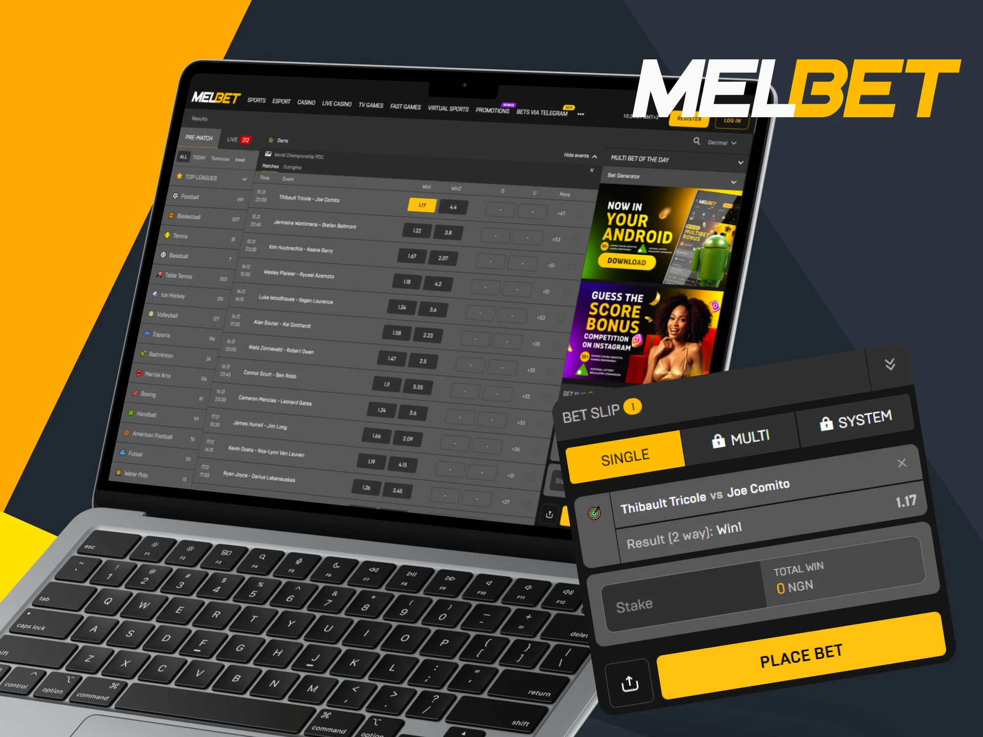 Sign up or log in to your Melbet account and place bets on darts.