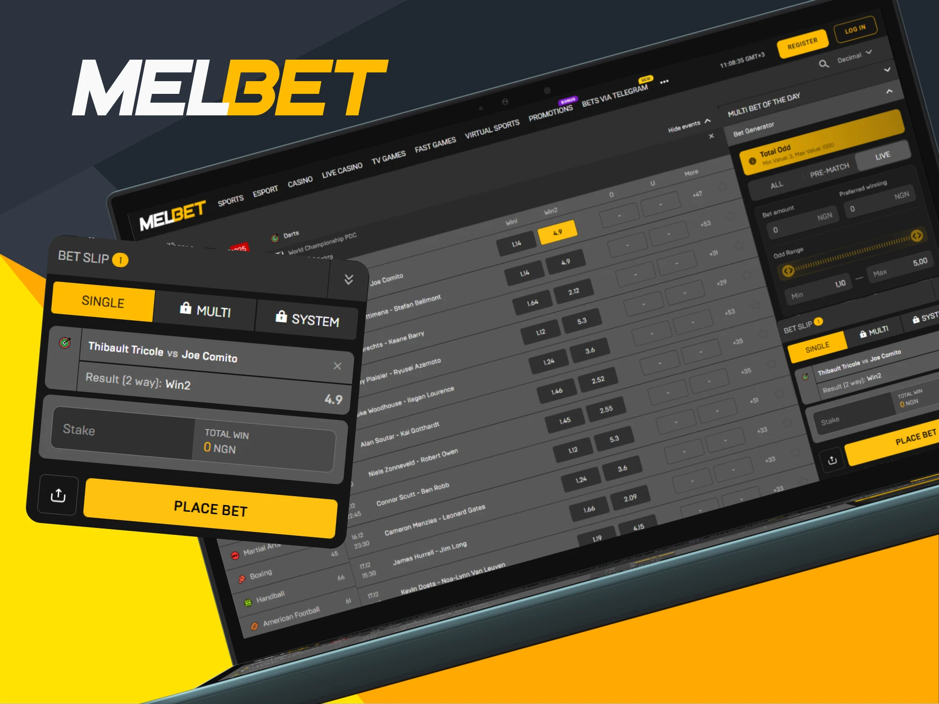 Enjoy real-time betting on darts at Melbet.