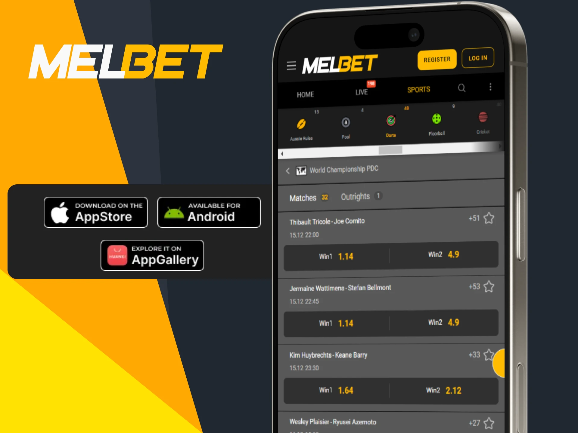 The Melbet app is available for Android and iOS.