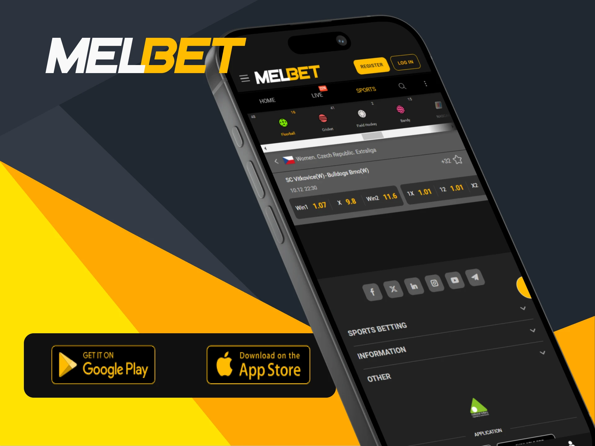 Download the Melbet app for Android and iOS to place bets on floorball.