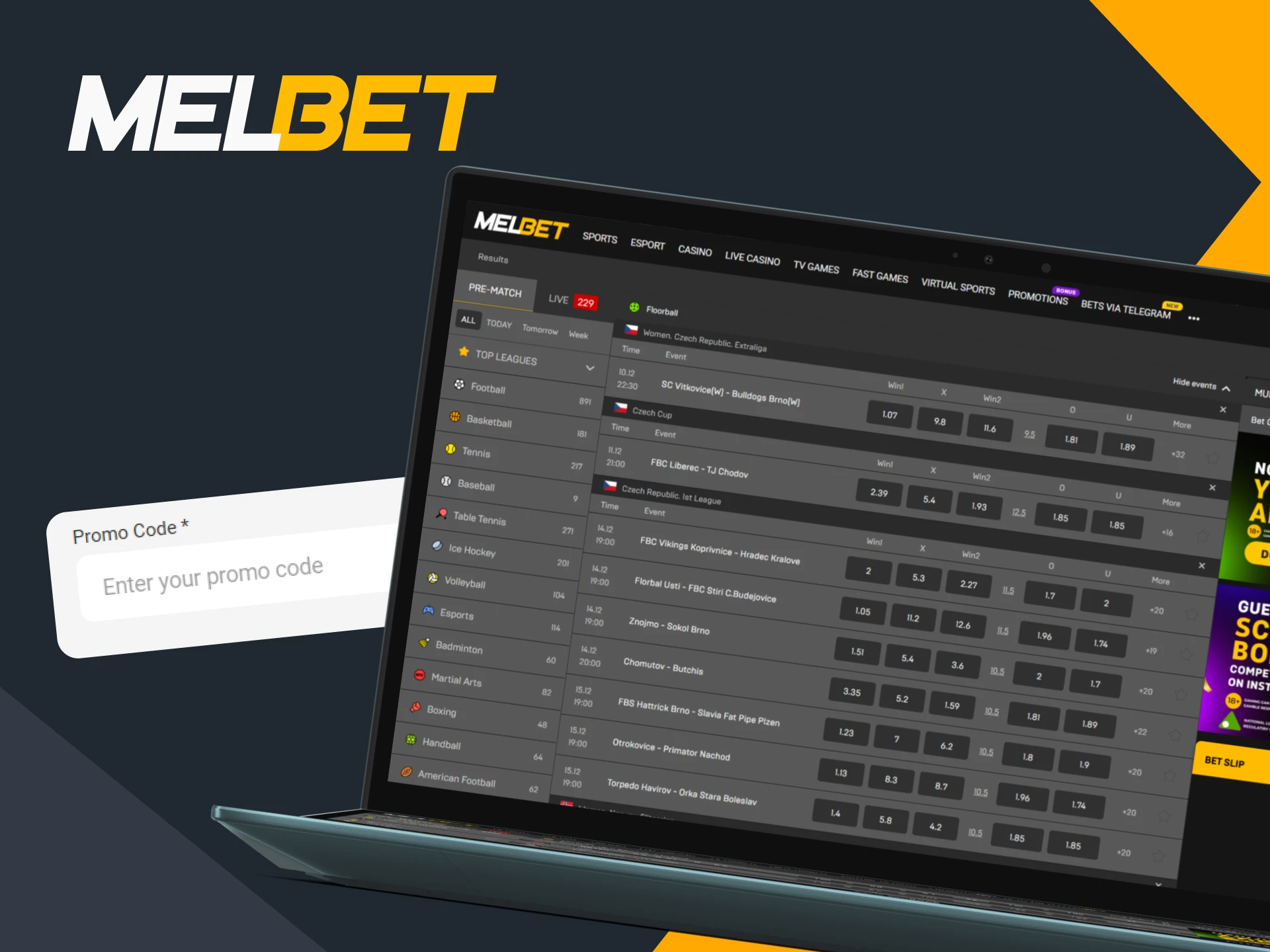 Register on Melbet and use the promo code to start betting on floorball.