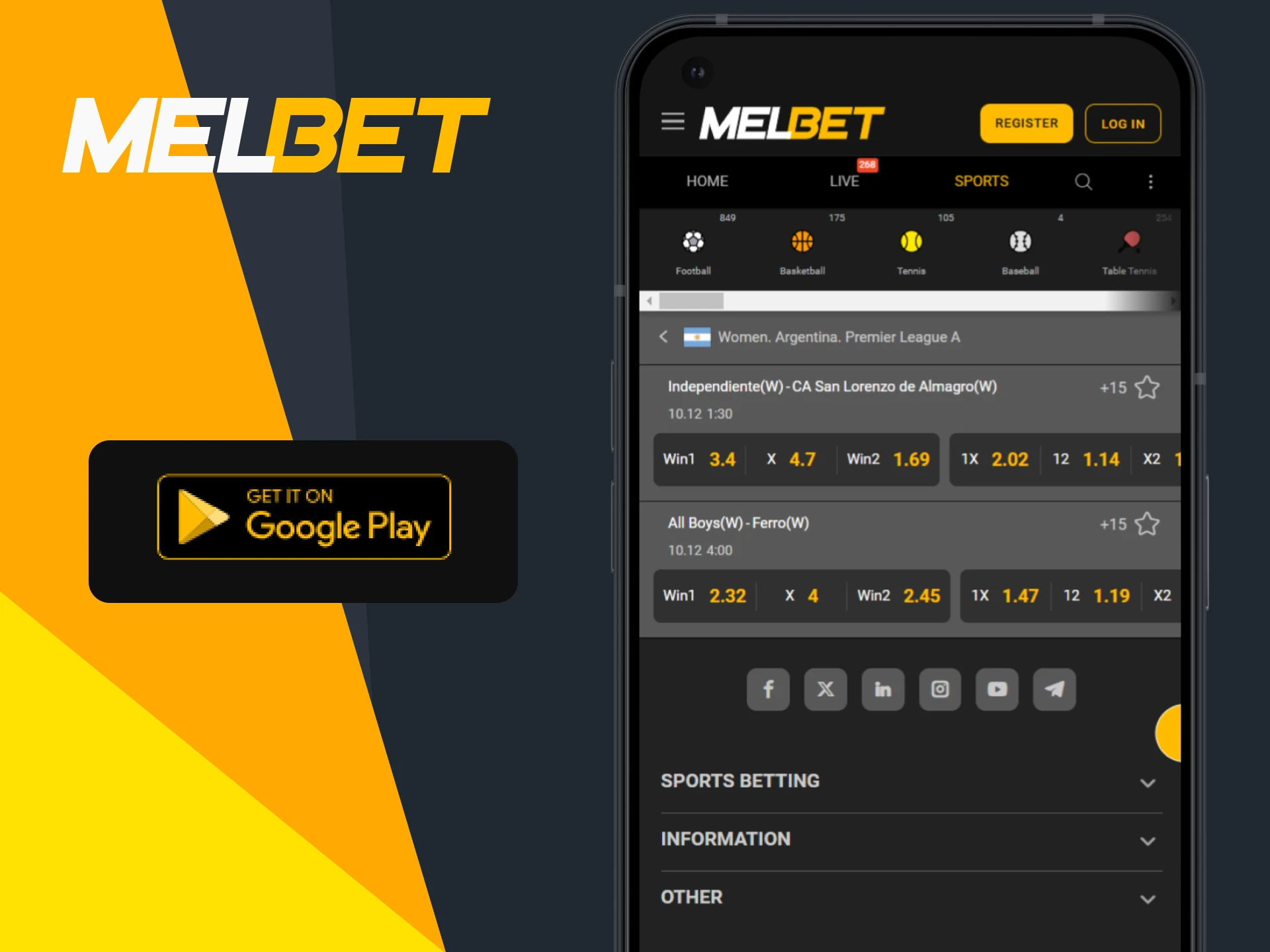 Download the Melbet app for Android to bet on futsal.