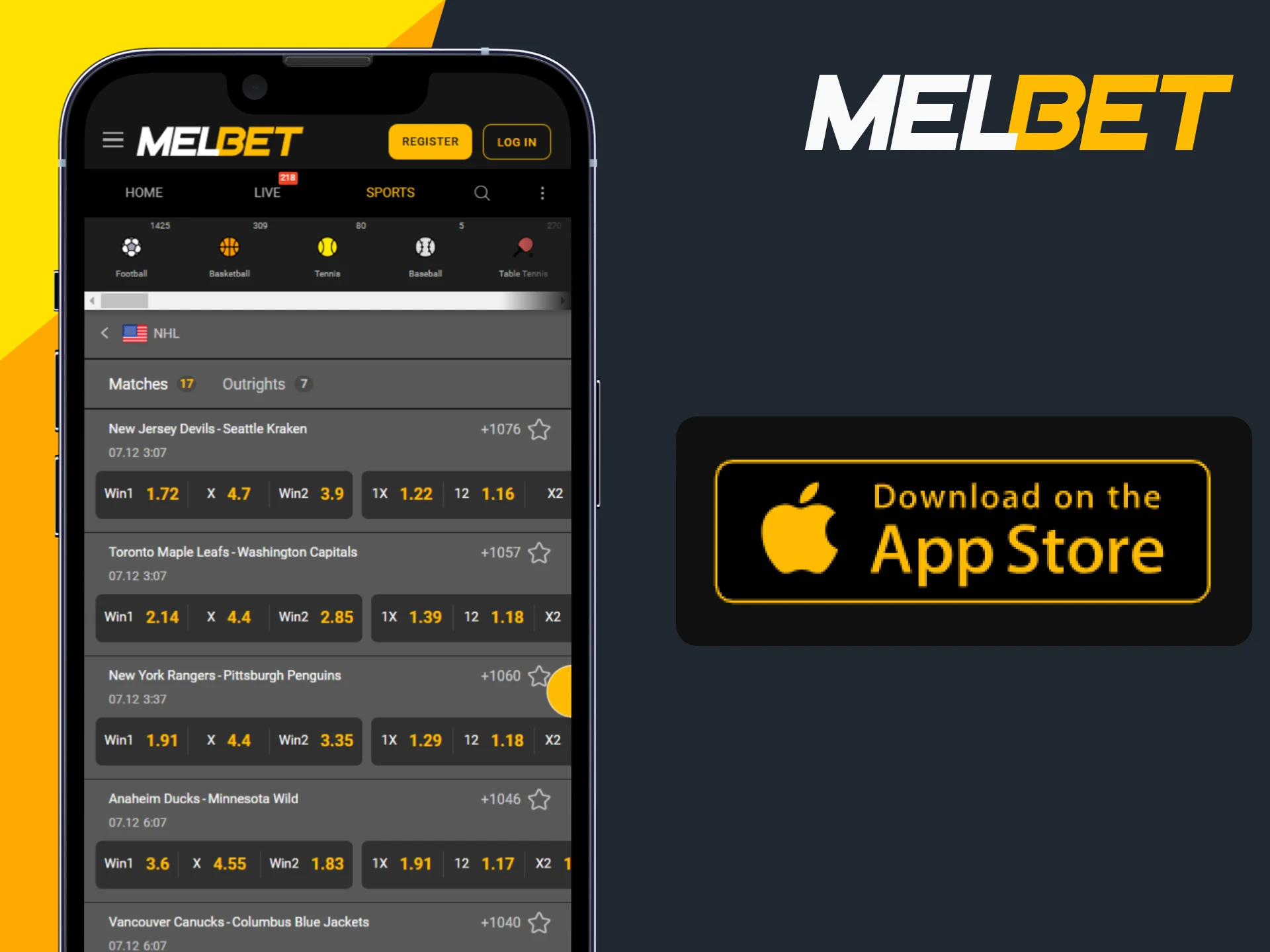 Install the Melbet app on iOS and make bets on ice hockey.