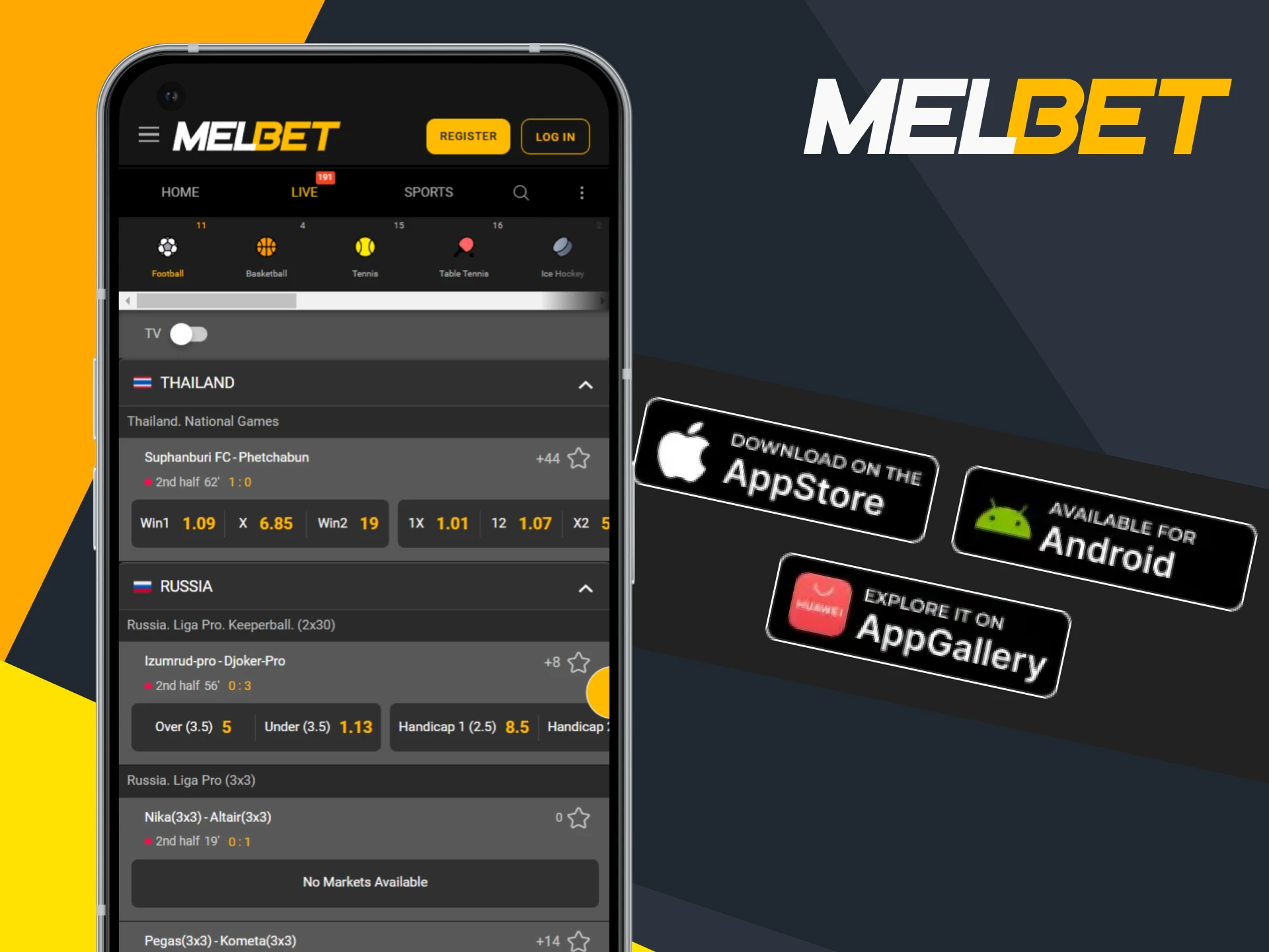 Download the Melbet app for live betting.