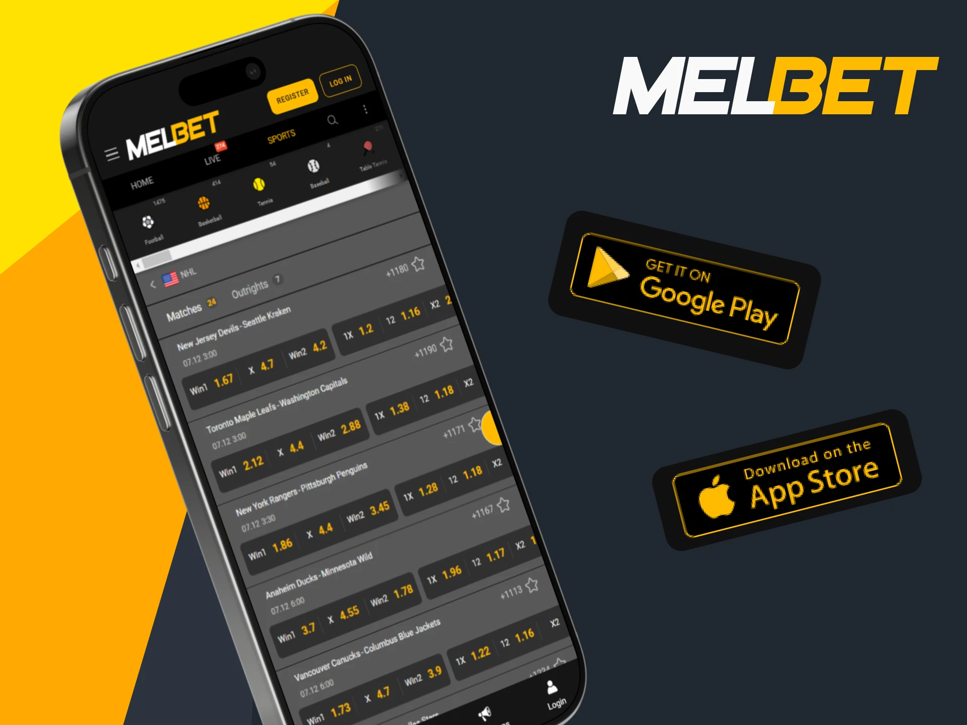 Download and install the Melbet app to bet on NHL games.