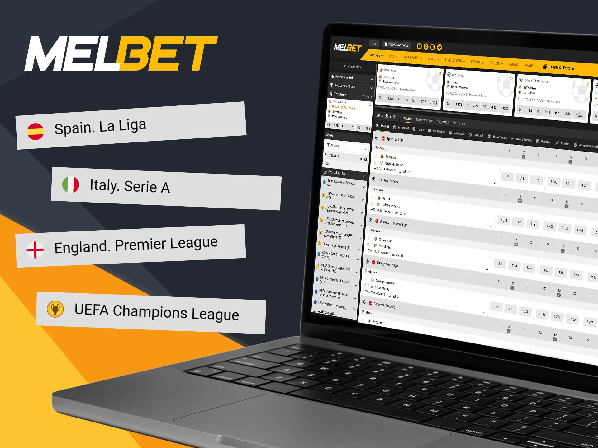 Melbet collaborates with various football leagues and organizes major events.