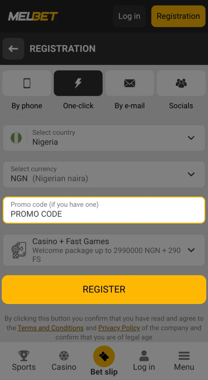 Confirm that you want to register account and log in to the Melbet.