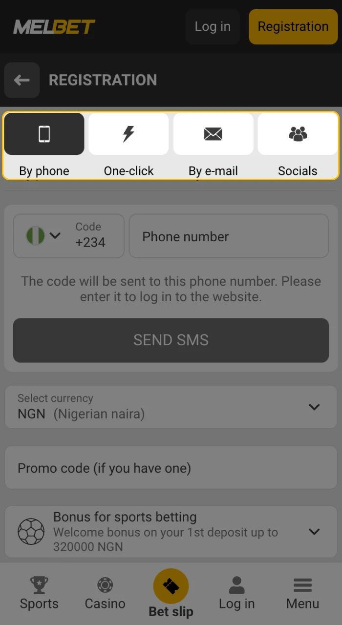 Choose one of the available registration methods at Melbet.