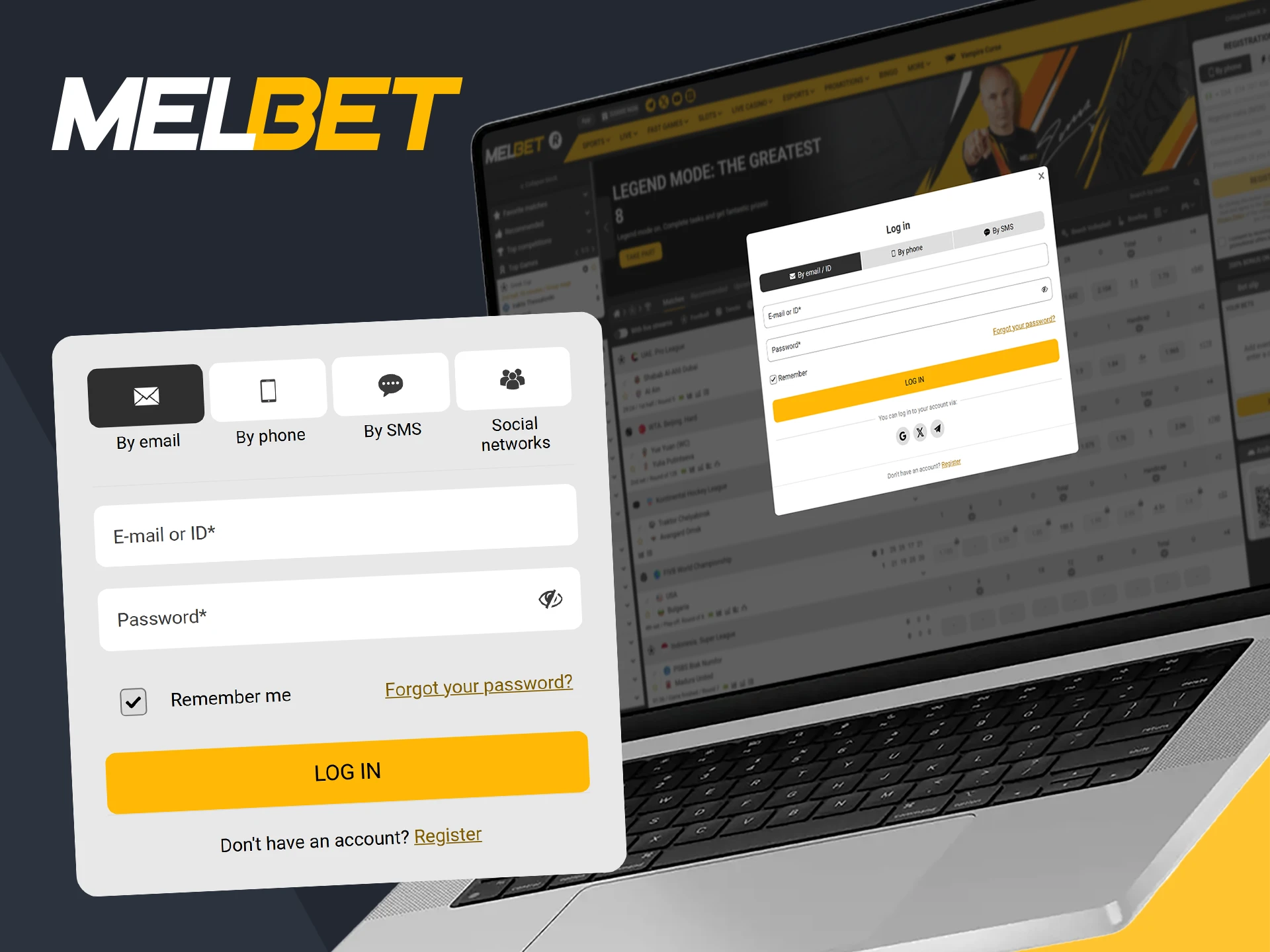 Log in to Melbet quickly using your phone, email, ID, or SMS.