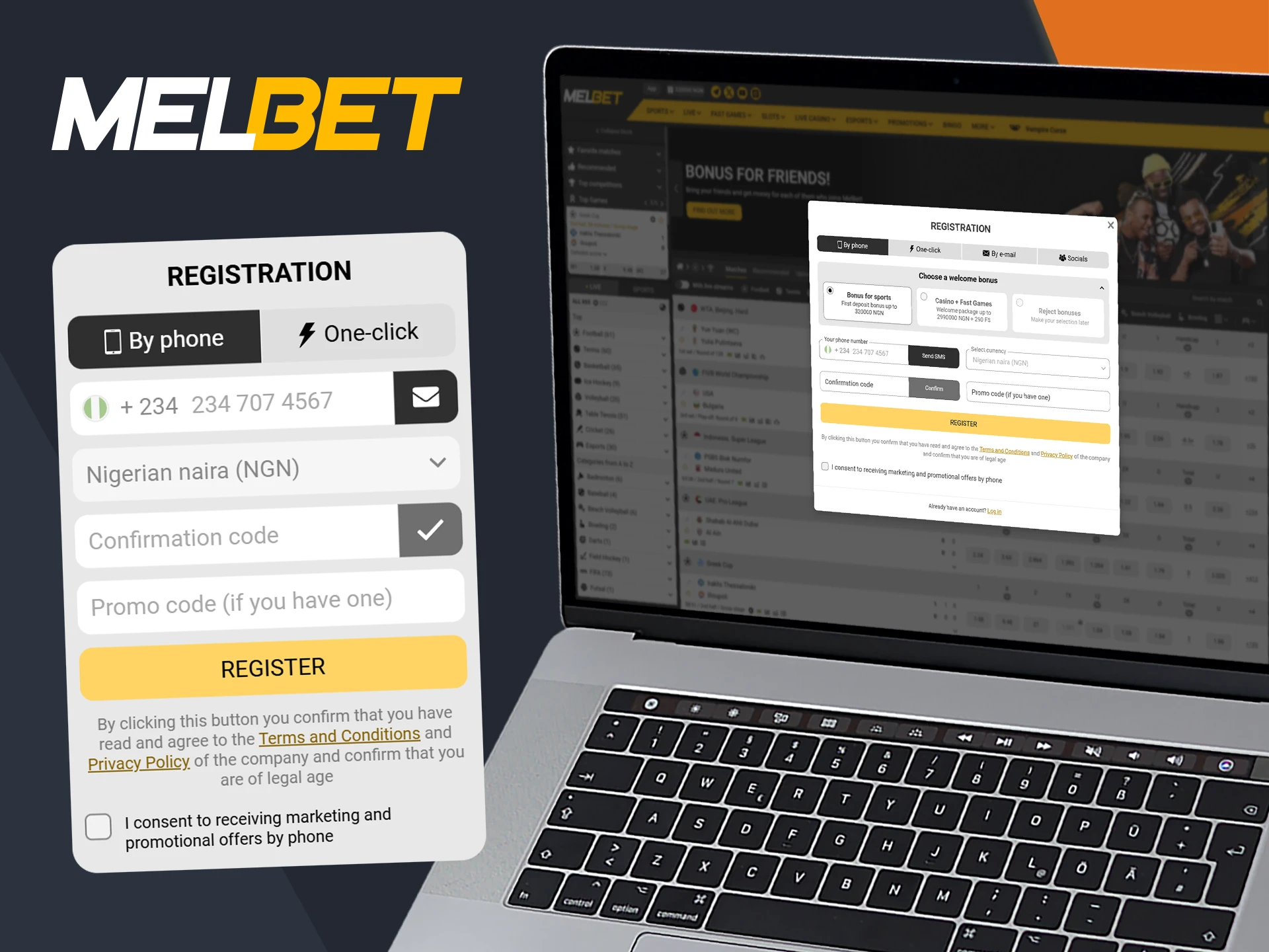 Sign up easily on Melbet website using phone, email or social media.