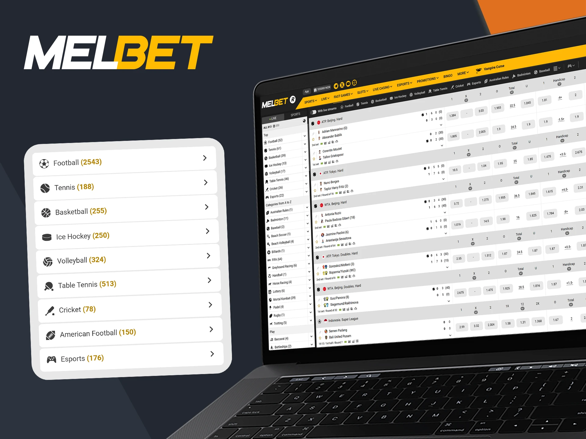 Melbet offers a wide range of sports for both pre-match and live betting.