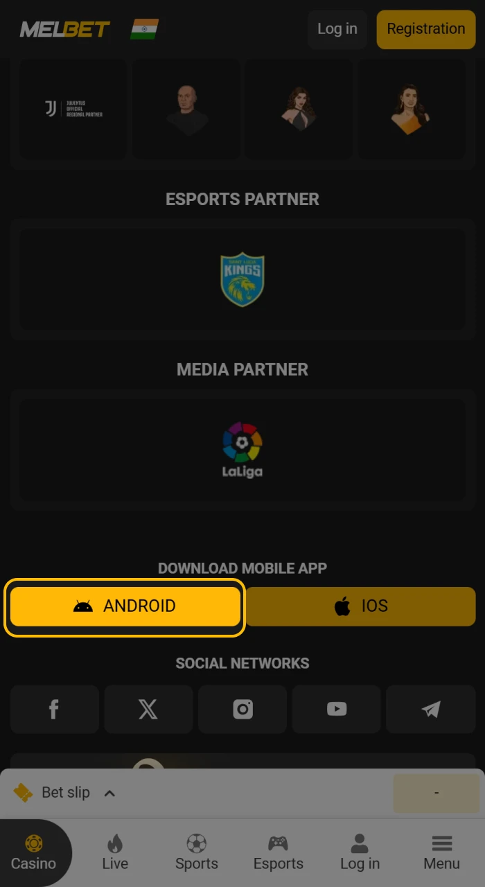 Click the download button for the Melbet APK on Android.