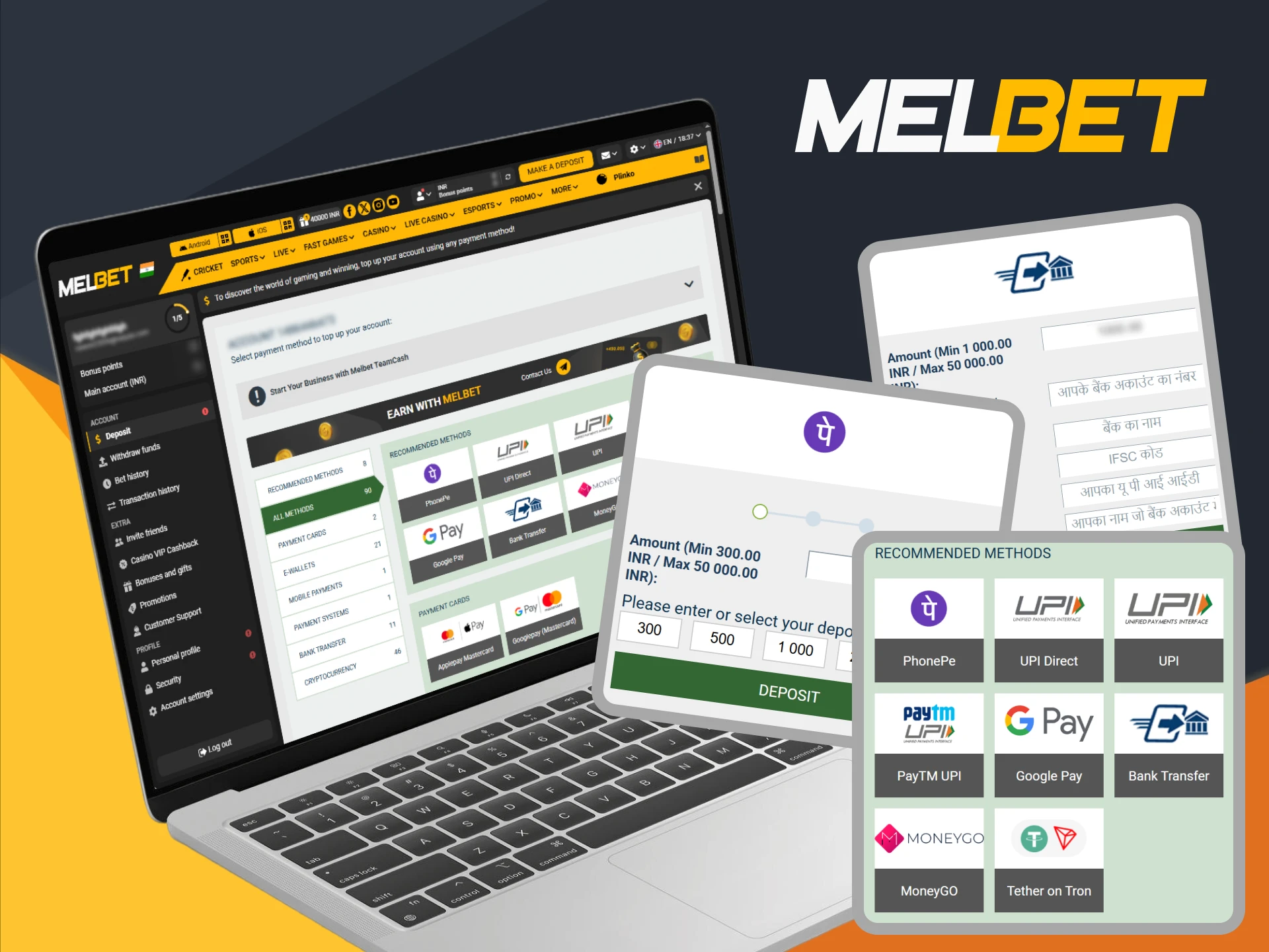 View all payment methods available for users in India on Melbet.