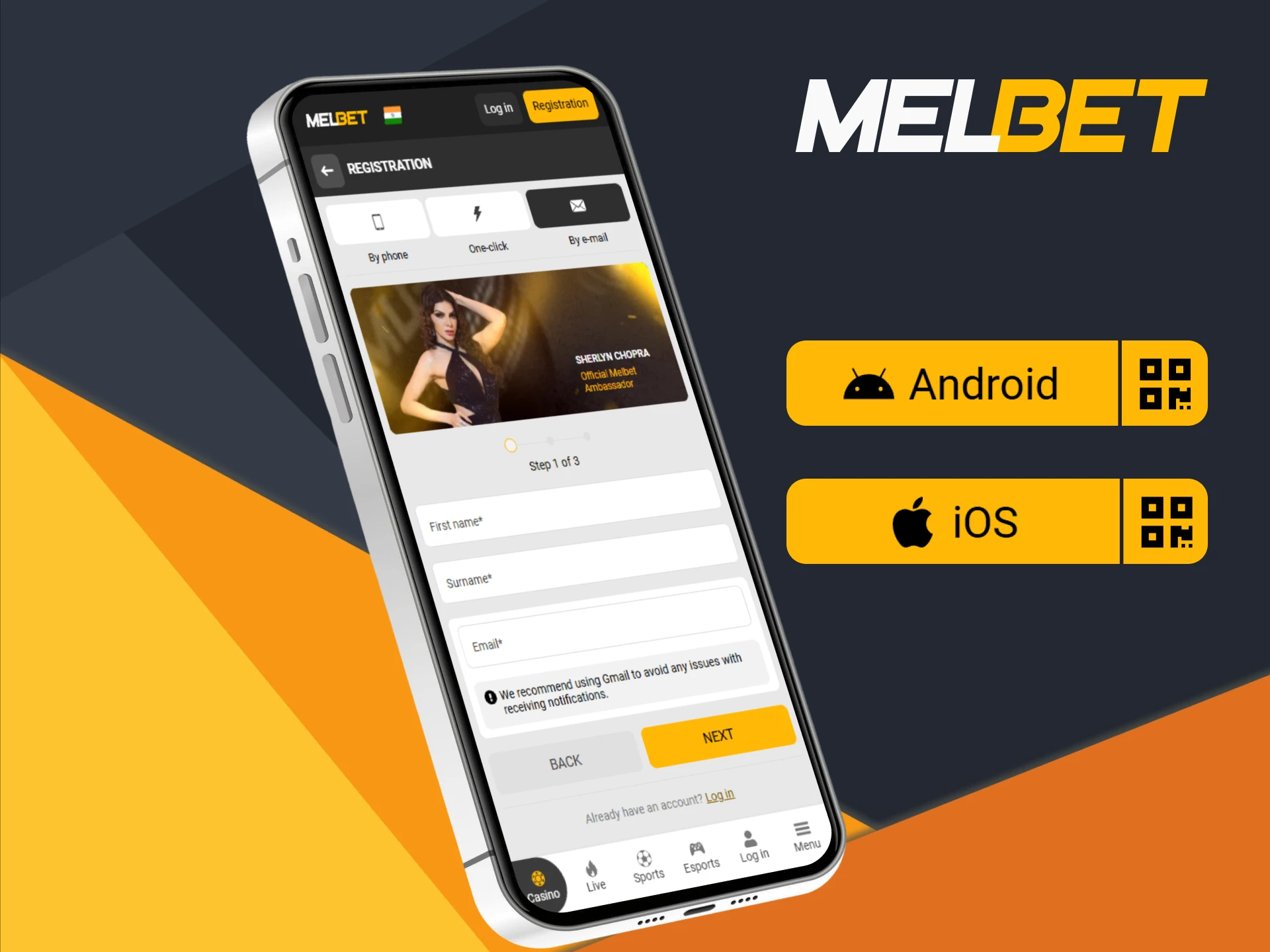 Register with Melbet using the Android or iOS apps.