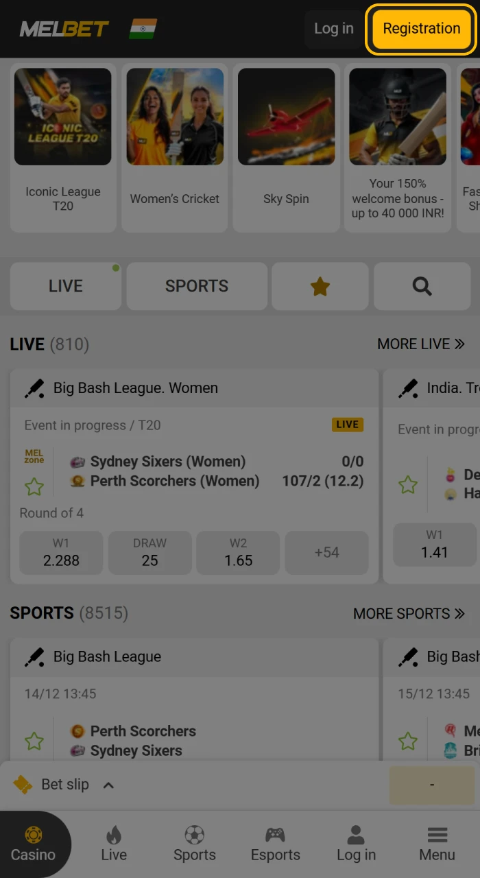 Start your registration by clicking the button on Melbet.