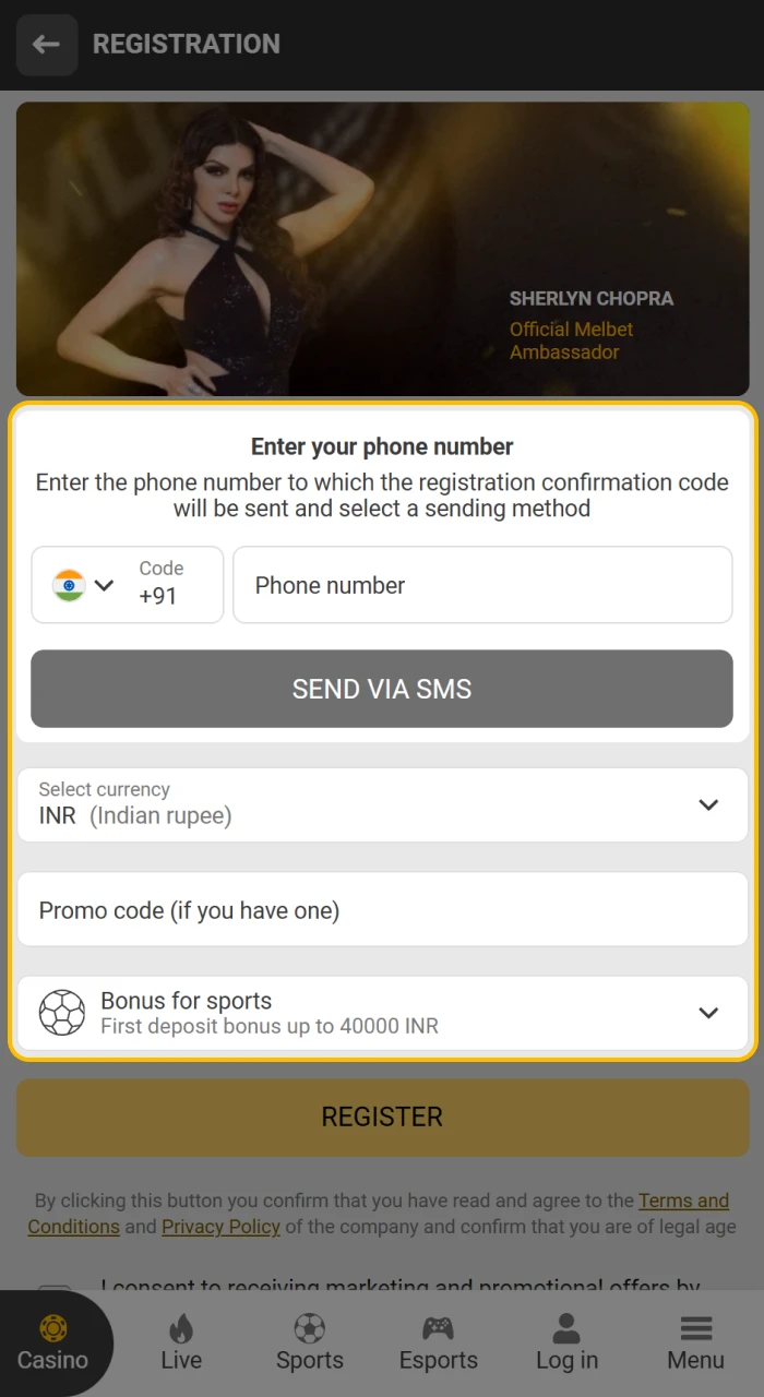 Carefully fill out the required form to register on Melbet.