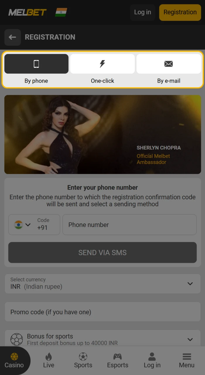 Choose your preferred Melbet registration method.