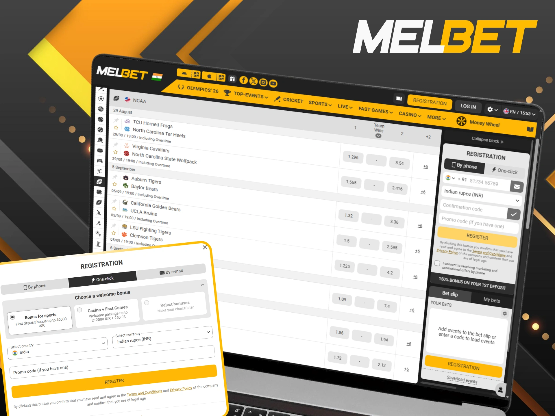 Complete your registration for American football betting at Melbet.