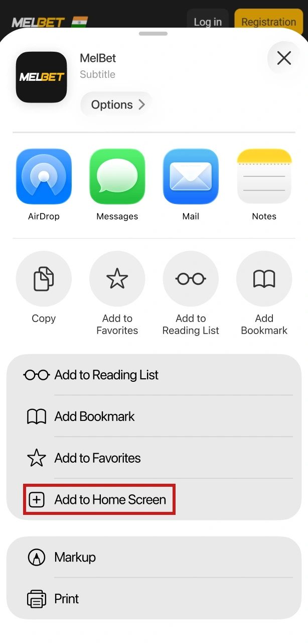 Tap the iOS Share icon and select the Add to Home Screen option for the Melbet web app.