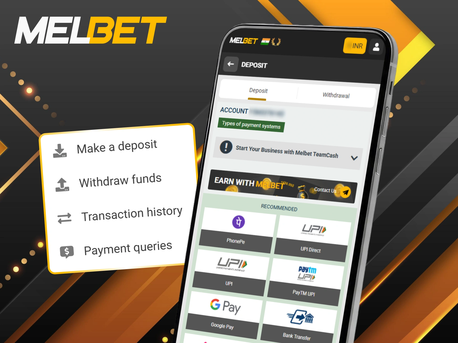 Check the available deposit and withdrawal methods in the Melbet app securely.