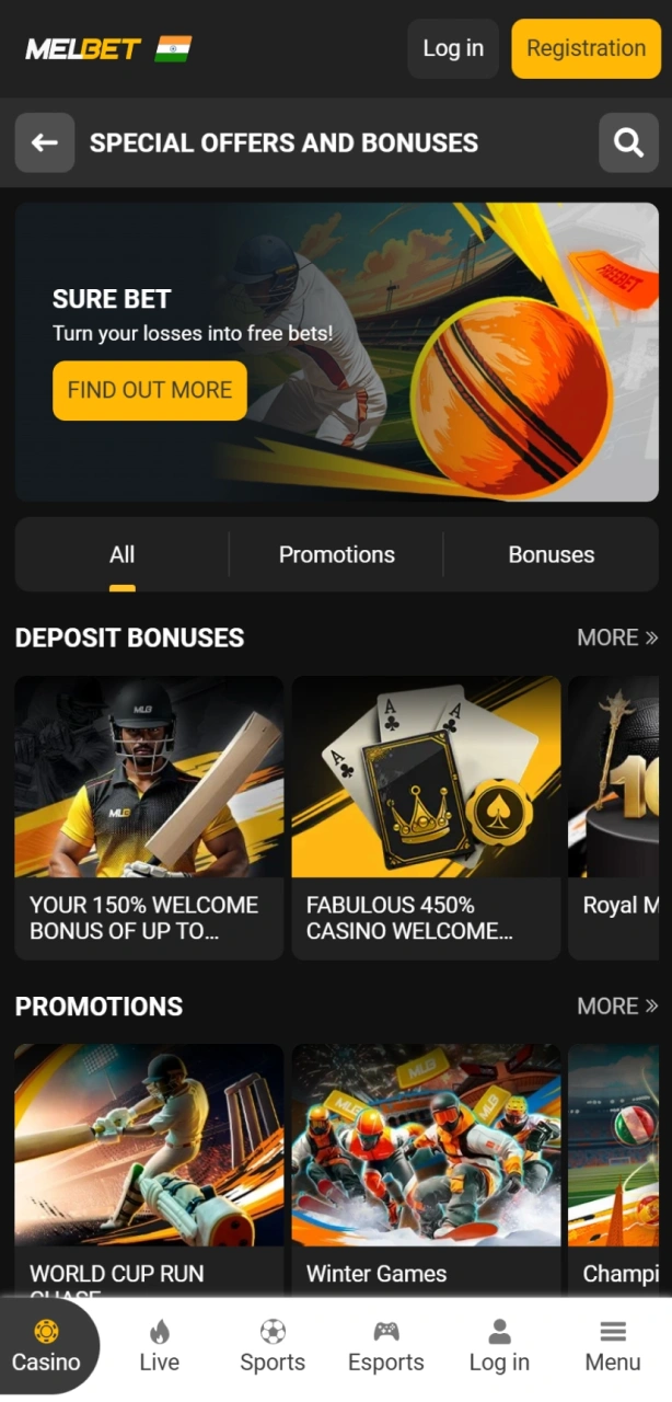 Check the Melbet bonuses and promotions section to claim exclusive welcome offers and cashback in INR.