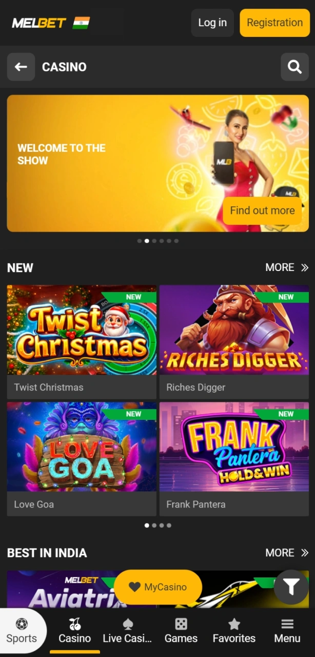 Experience the Melbet online casino lobby featuring popular slots, live dealer games, and Indian favorites like Andar Bahar.