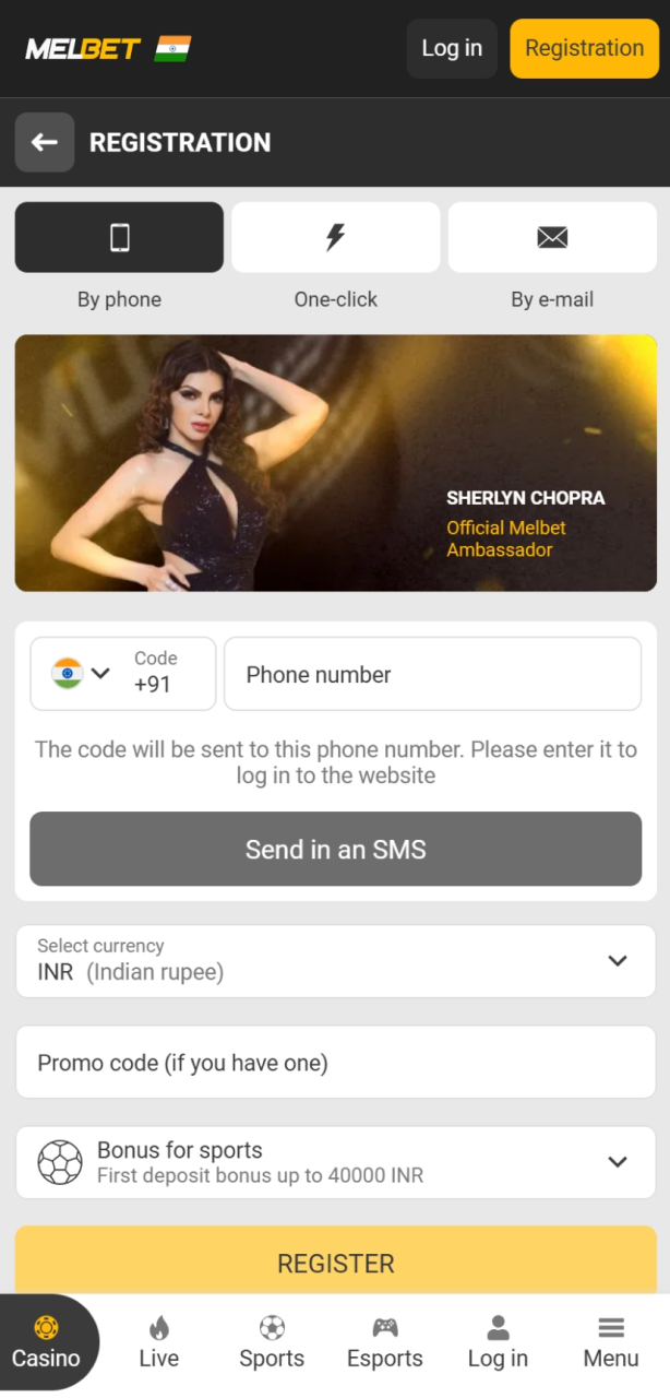 View the Melbet registration form offering multiple sign-up options including one-click and phone number for Indian users.