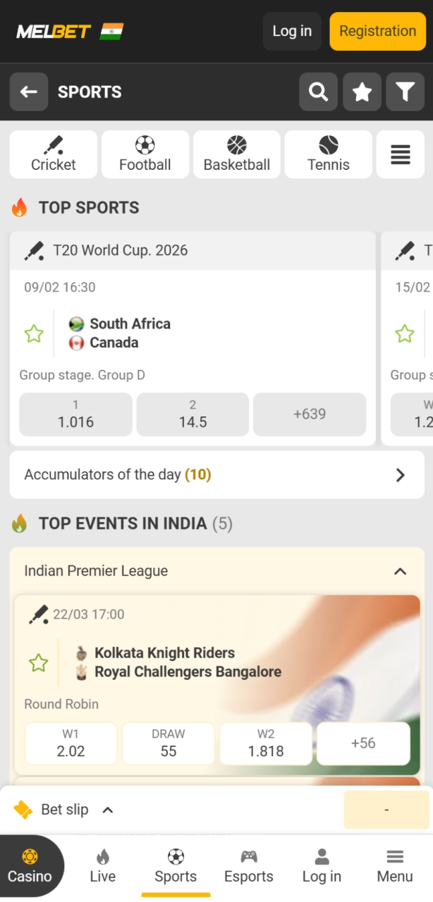 Browse the Melbet sportsbook with a wide selection of cricket, football, and kabaddi betting events.