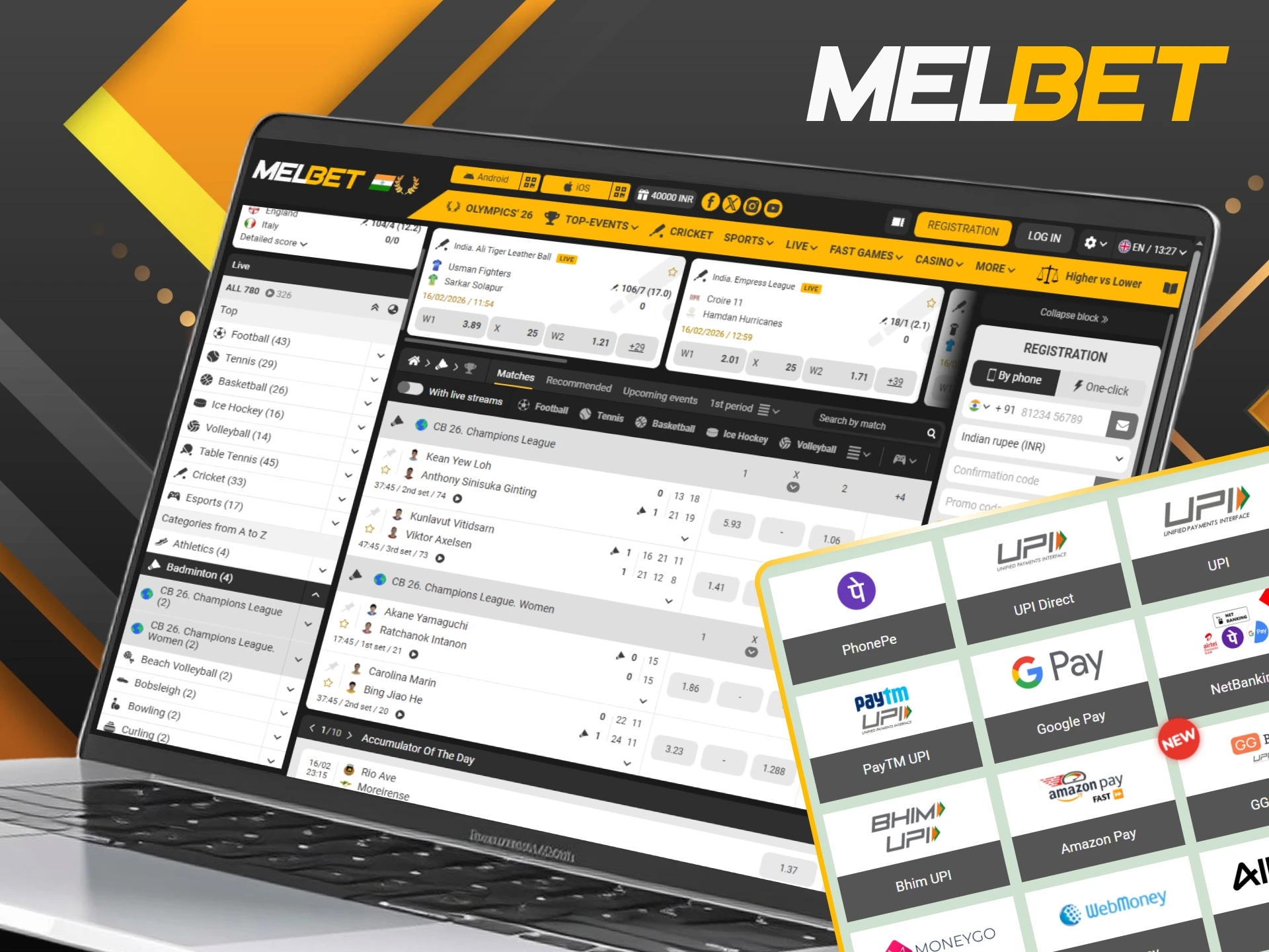 Select the most convenient payment methods to top up your Melbet badminton account.