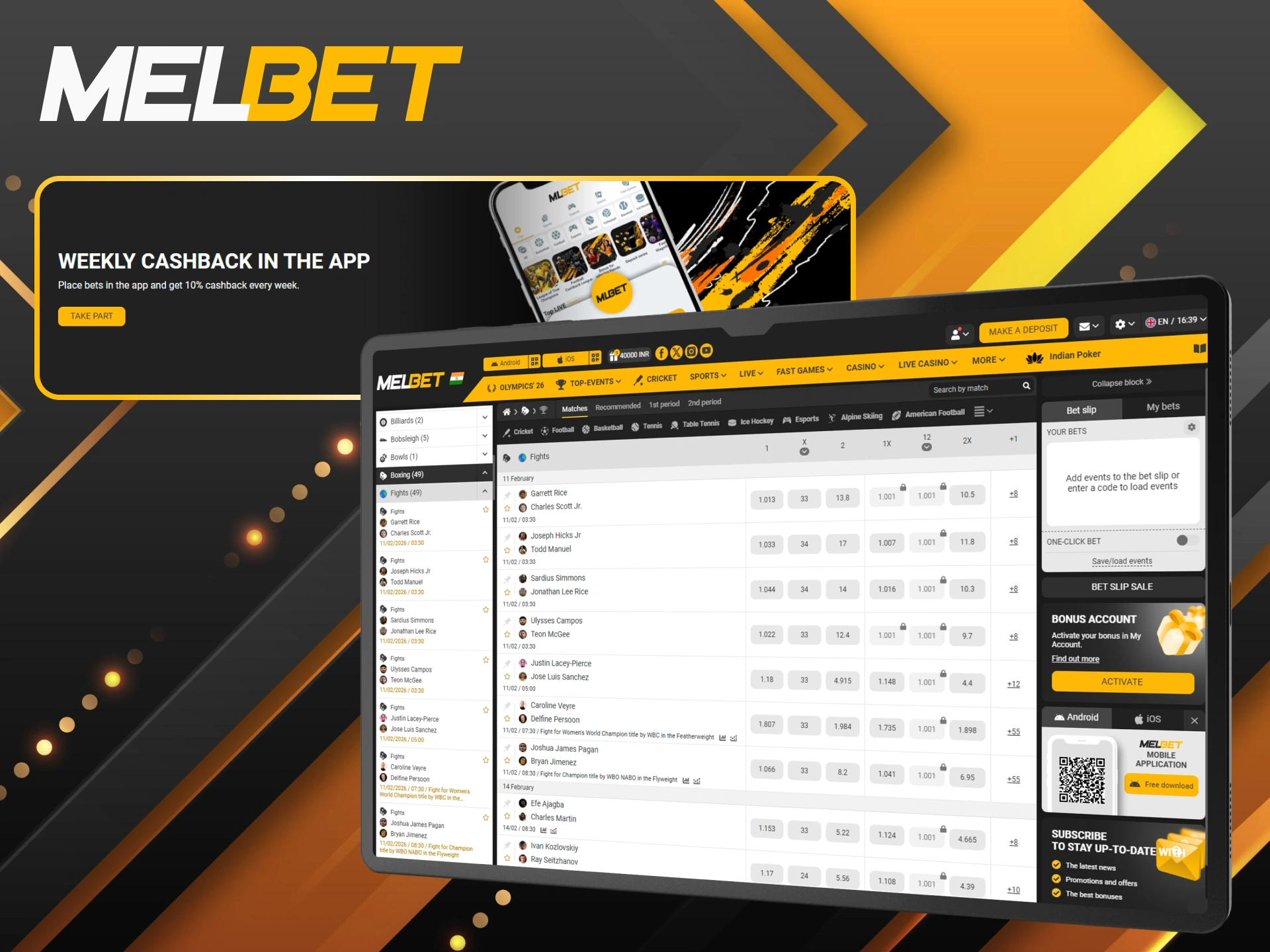 Receive weekly cashback in the app for active Melbet boxing betting.