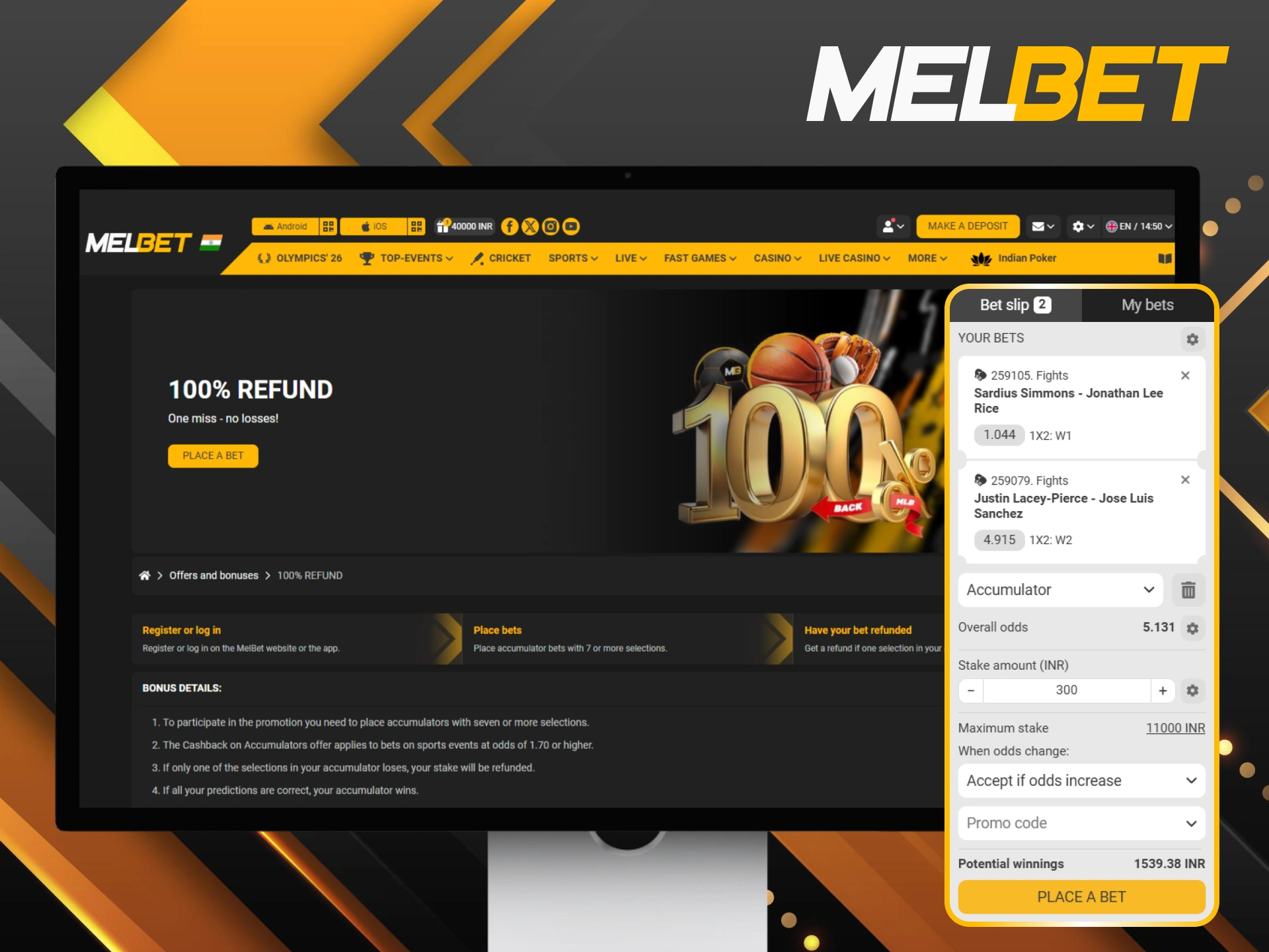 Secure a 100% refund on accumulators for your Melbet boxing bets.
