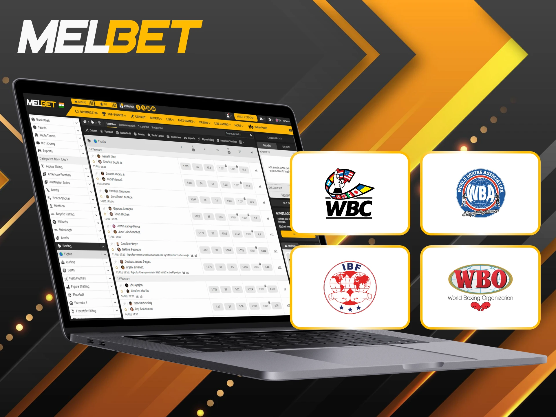 Place profitable bets on popular boxing tournaments at Melbet India.