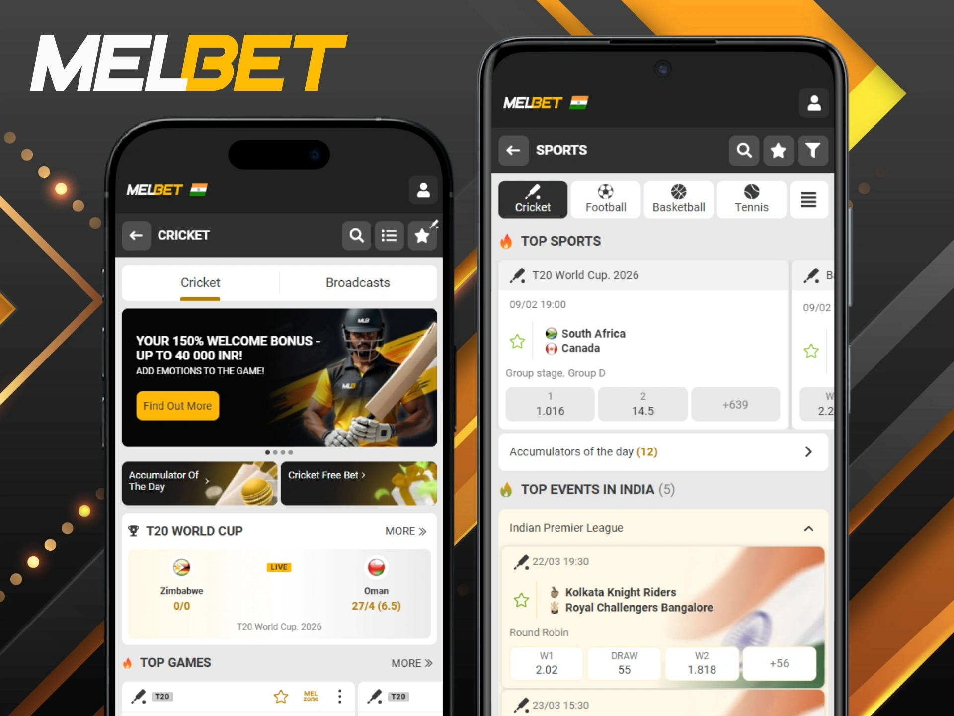 Download the Melbet app to bet on cricket matches anywhere.