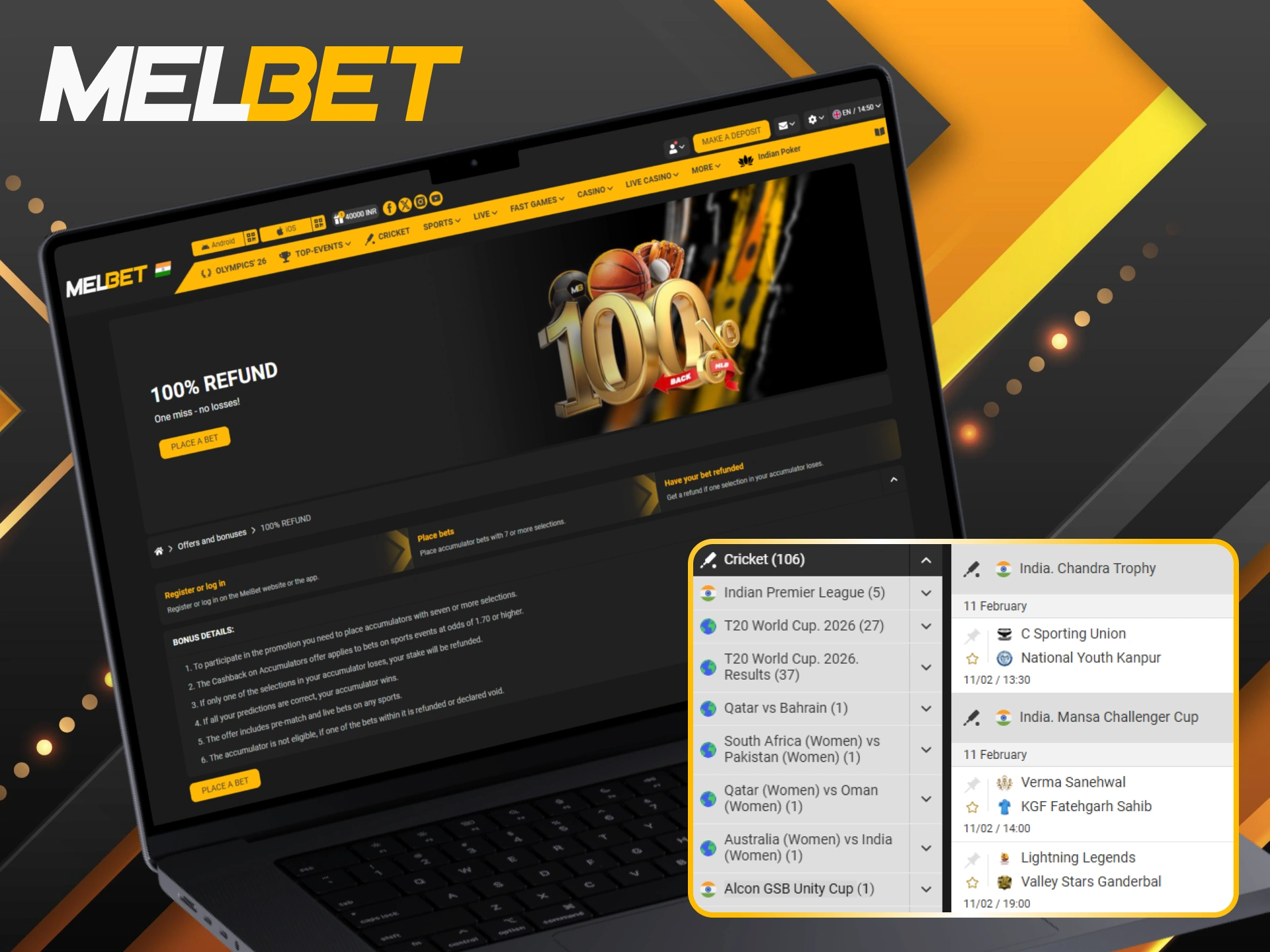 Secure a 100% refund on accumulators while betting on Melbet cricket.