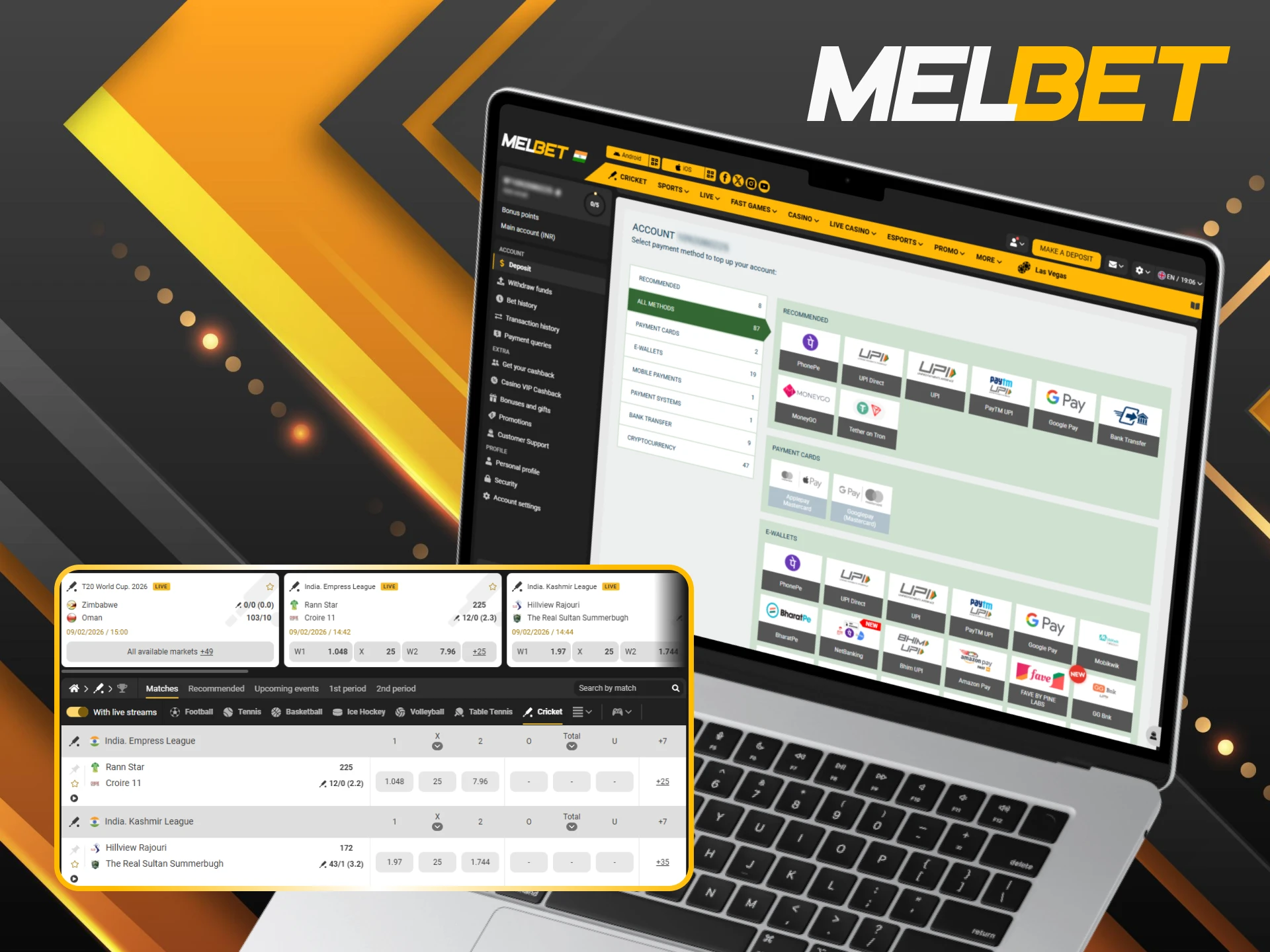 Choose secure payment methods for your Melbet cricket betting account.
