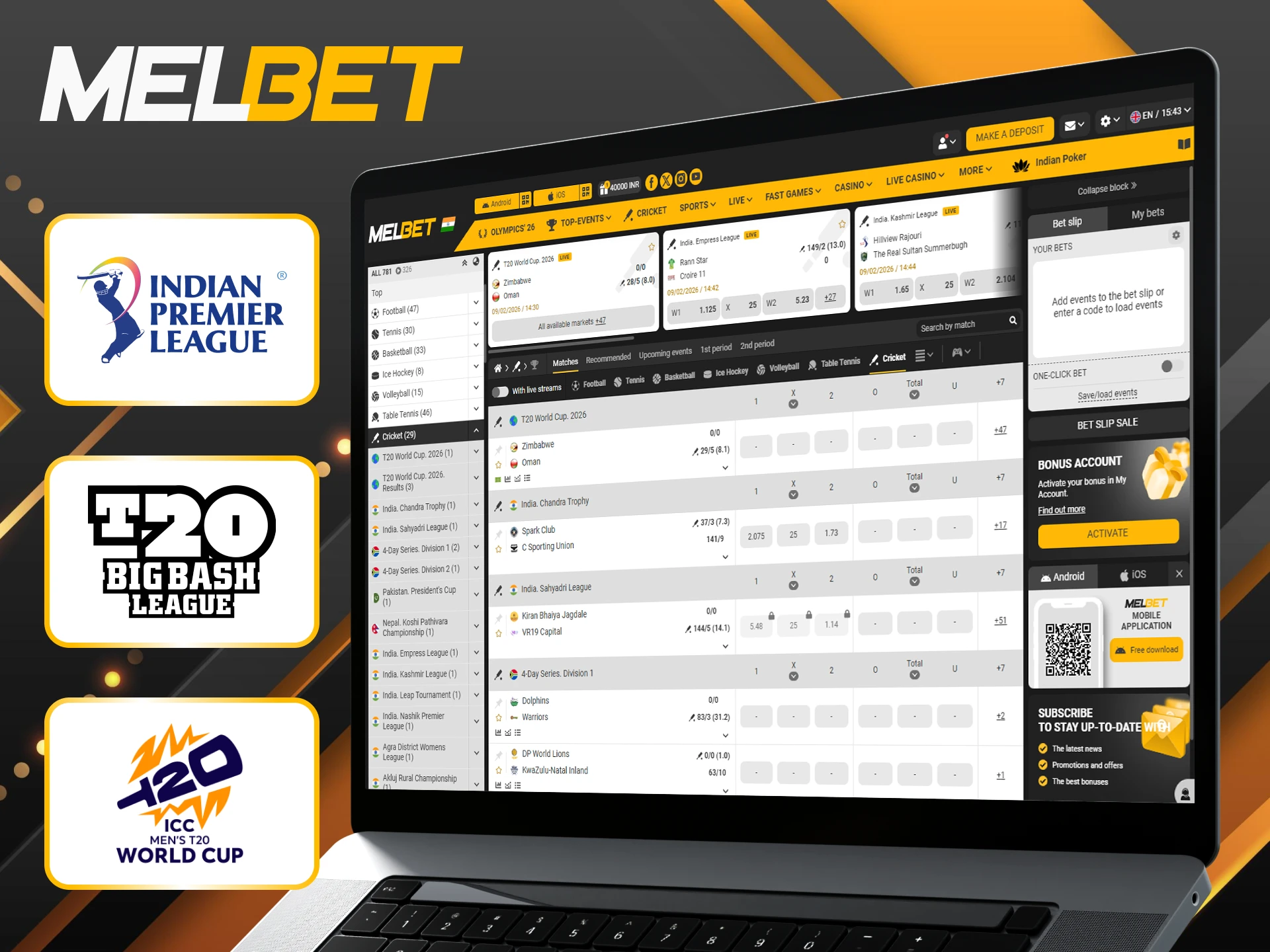 Bet on popular cricket tournaments and win real money at Melbet.