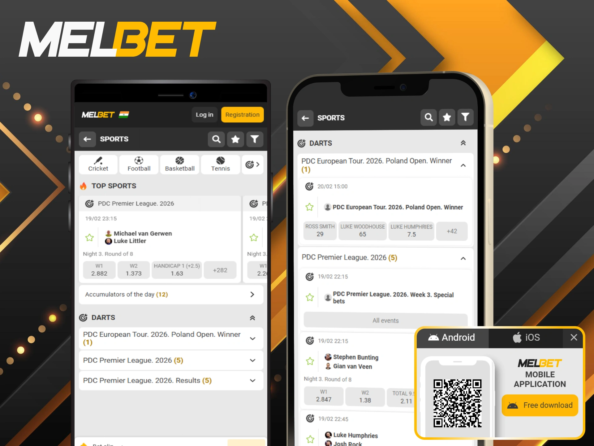 Install Melbet app to bet on darts and track player statistics.