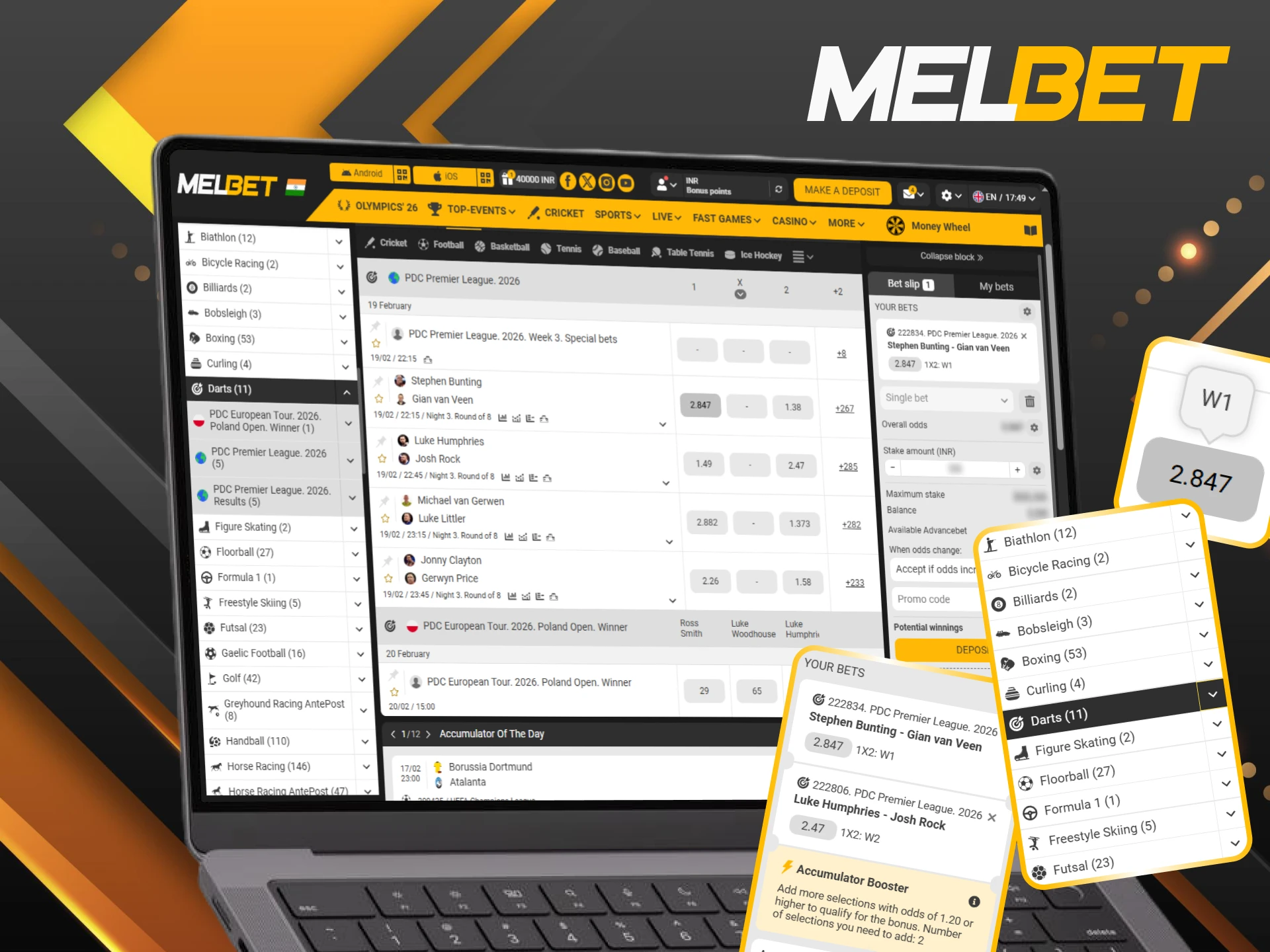 Instructions on how to bet on darts matches at Melbet India.