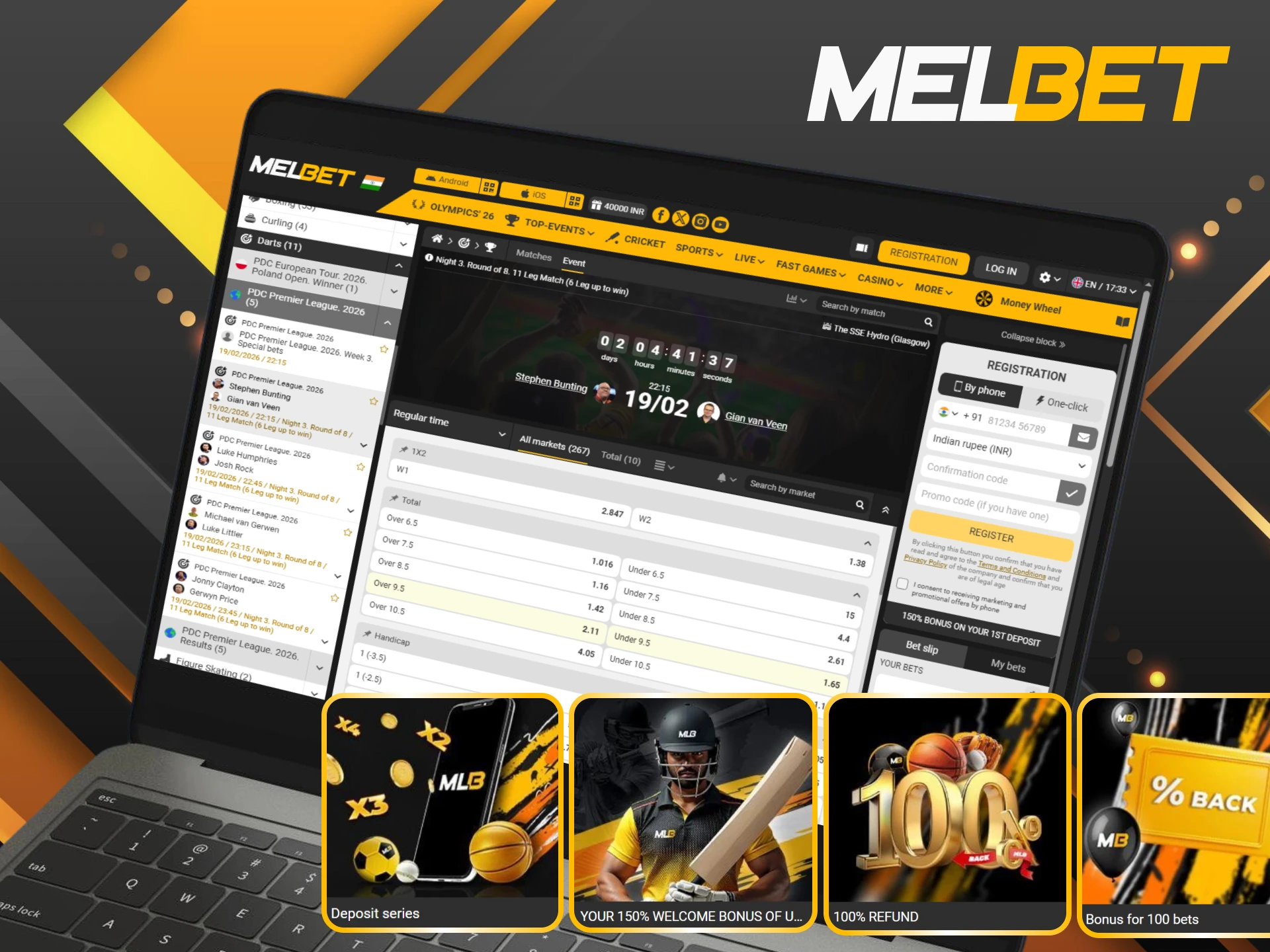 Claim Melbet bonuses for darts betting and major championship events.