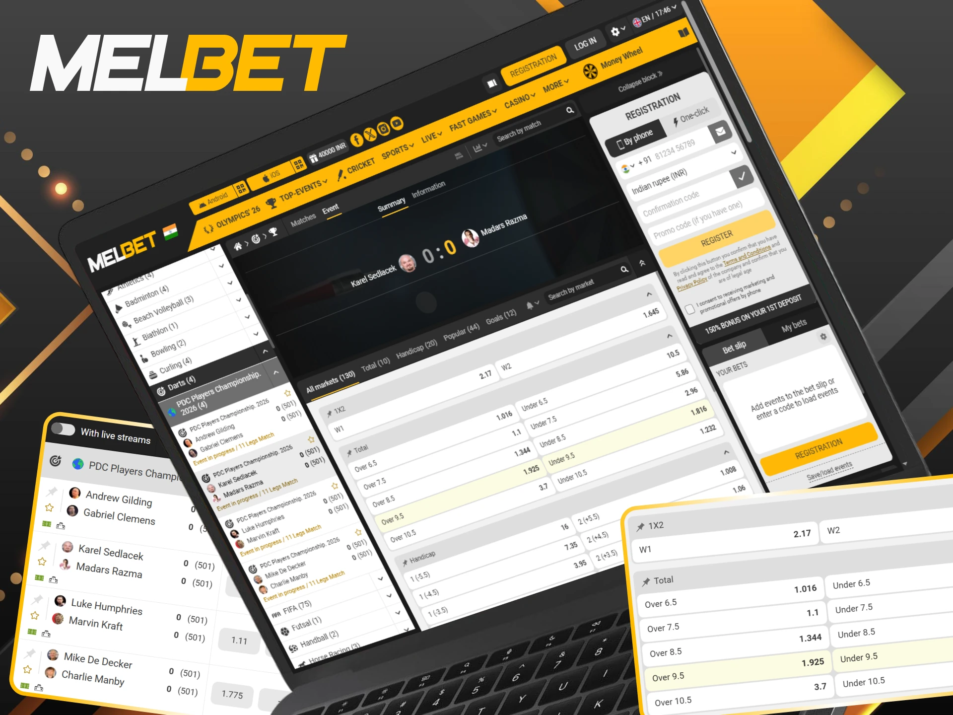 Place Melbet darts live bets on set winners and highest checkouts.