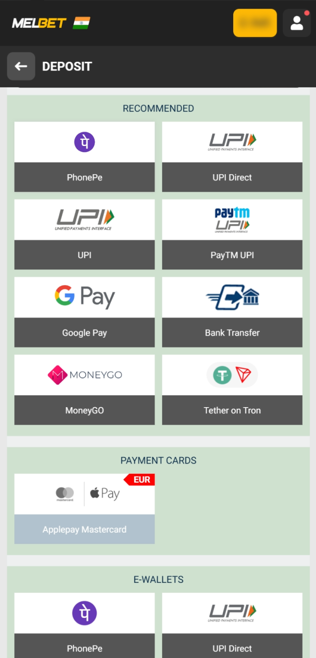 Select a popular local option and enter your deposit amount at Melbet.