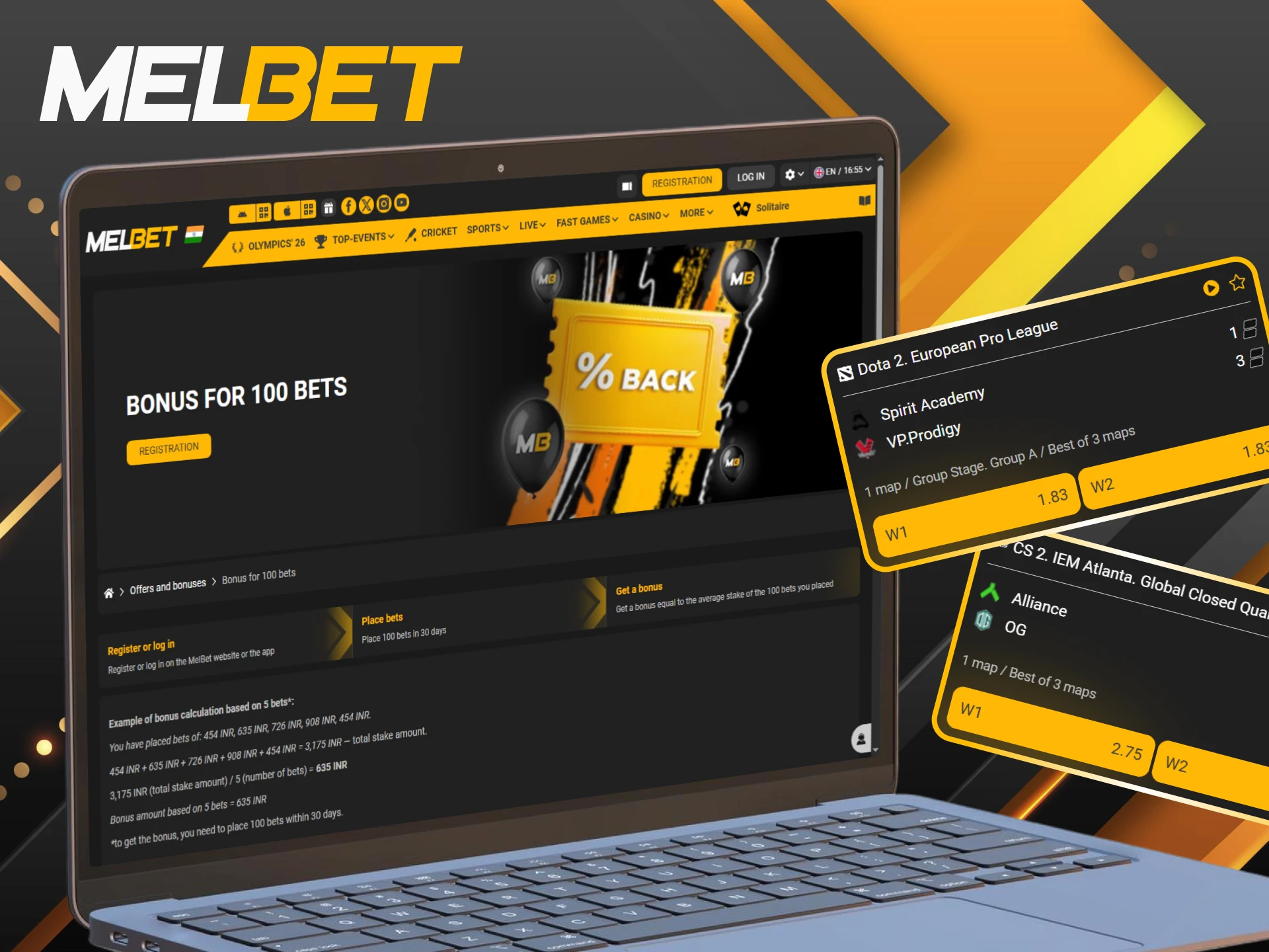 Unlock the bonus for 100 bets on the Melbet eSports section.