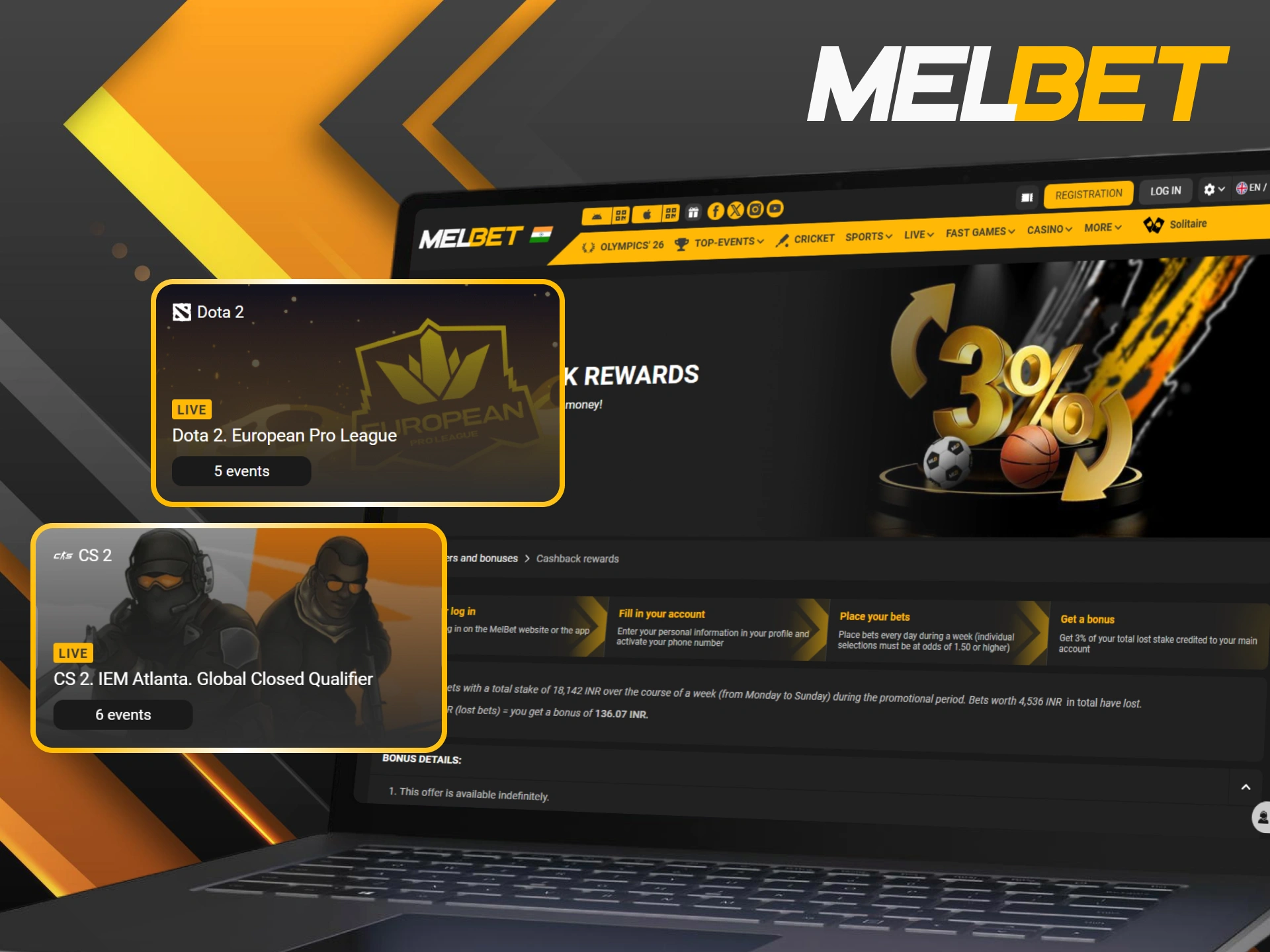 Earn special eSports cashback rewards for active playing at Melbet.