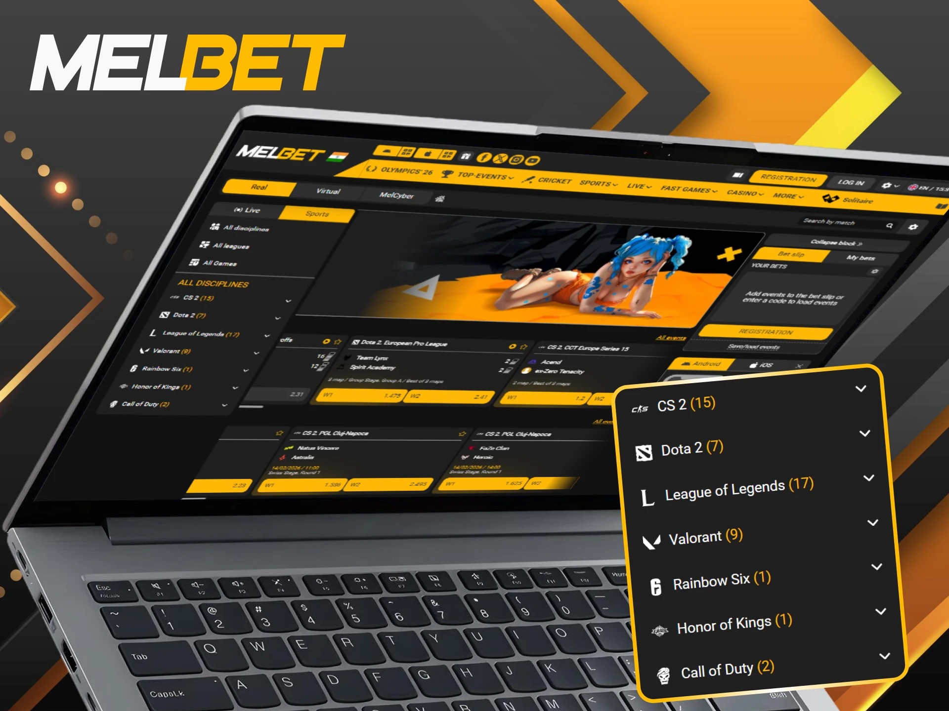 Explore popular cybersports games and start betting on eSports at Melbet.