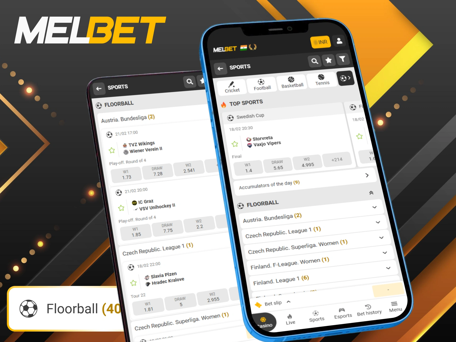 Download the official Melbet app to bet on floorball from your mobile.