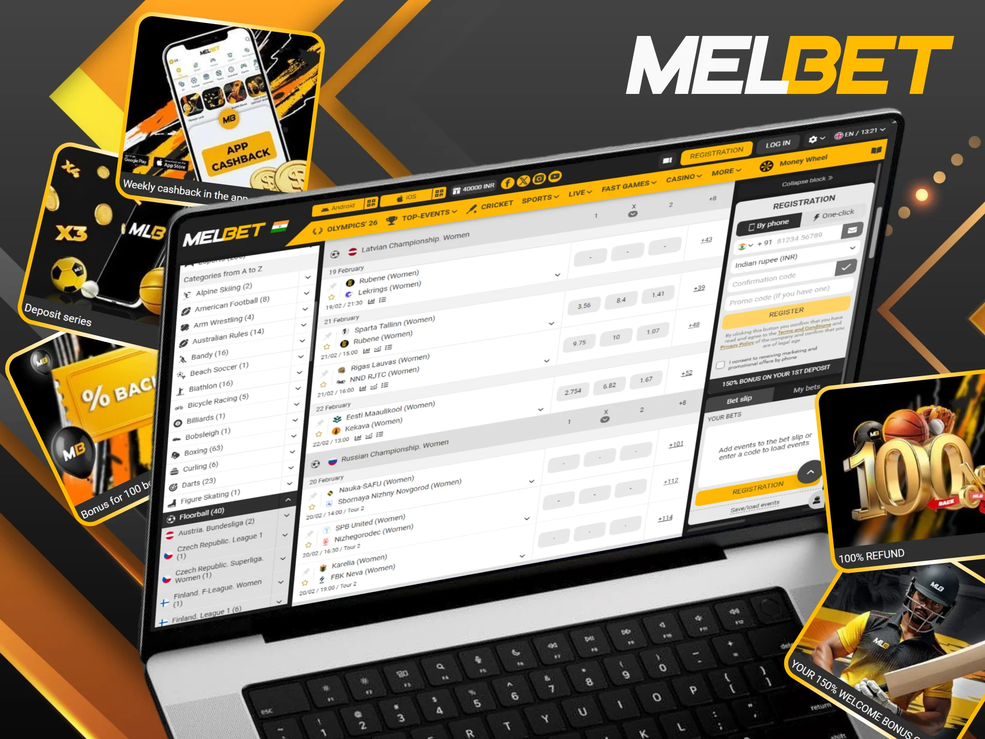 Activate available Melbet bonuses for floorball betting and league matches.